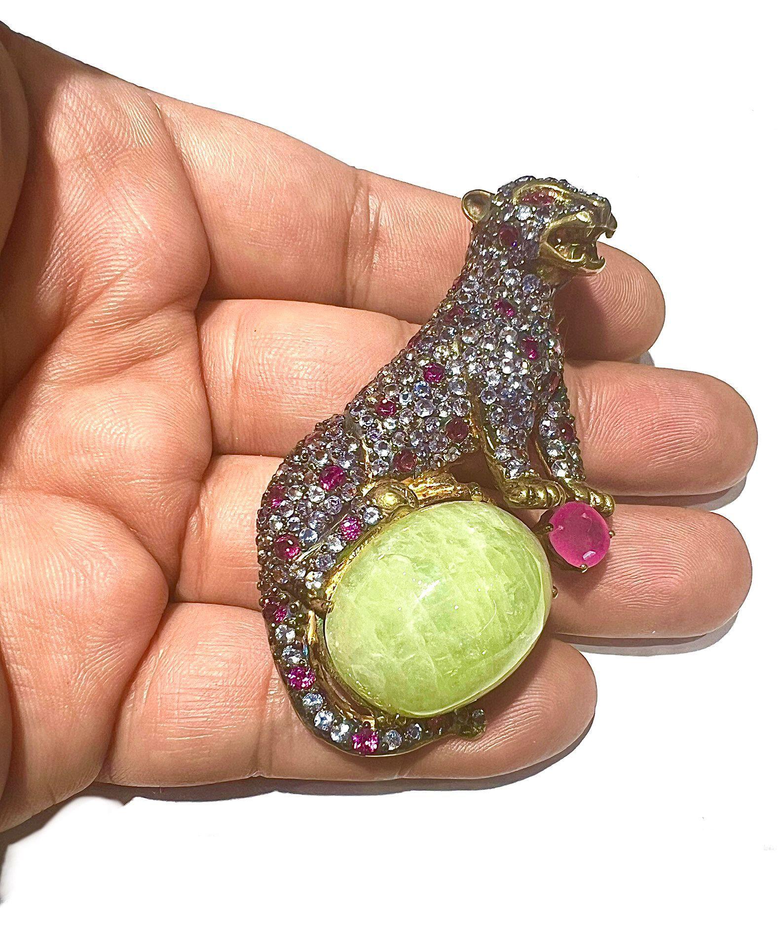 Bochic “Orient” Natural Ruby, Sapphire & Green Jade Brooch or Pendent Set In 18K For Sale 1