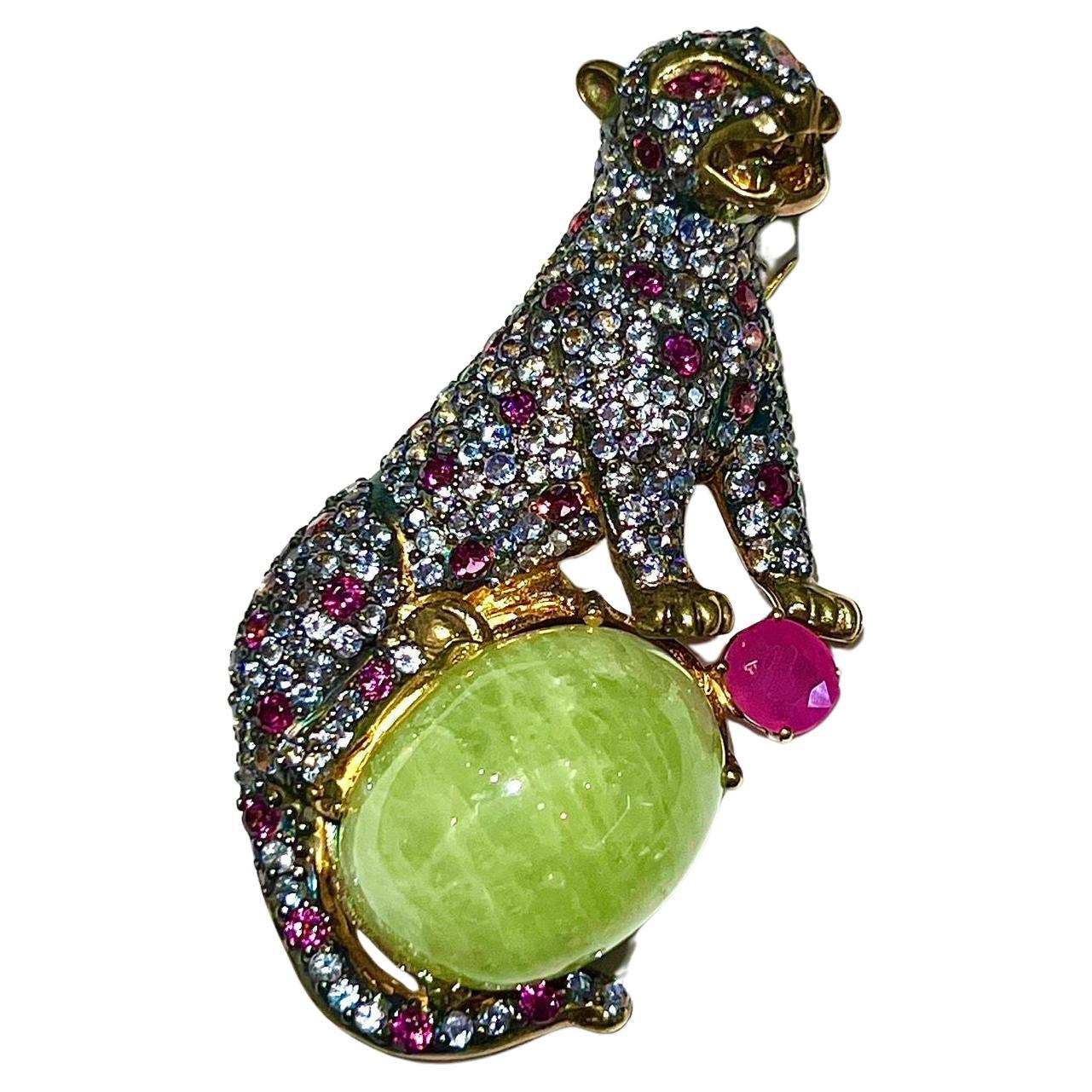 Bochic “Orient” Natural Ruby, Sapphire & Green Jade Brooch or Pendent Set In 18K For Sale