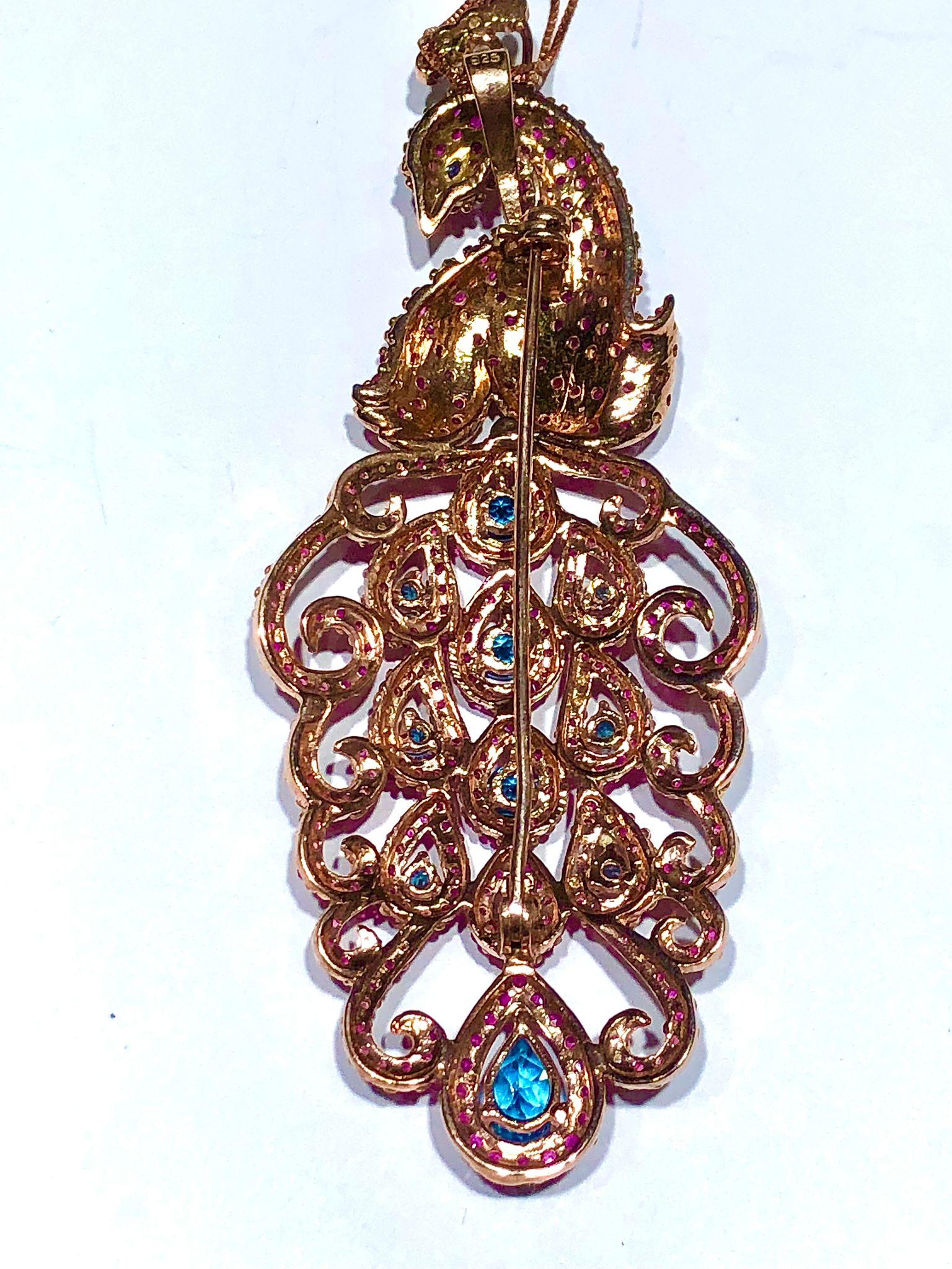 Bochic “Orient” Natural Ruby & Sapphire Peacock Brooch/Pendant 18K Gold&Silver For Sale 1
