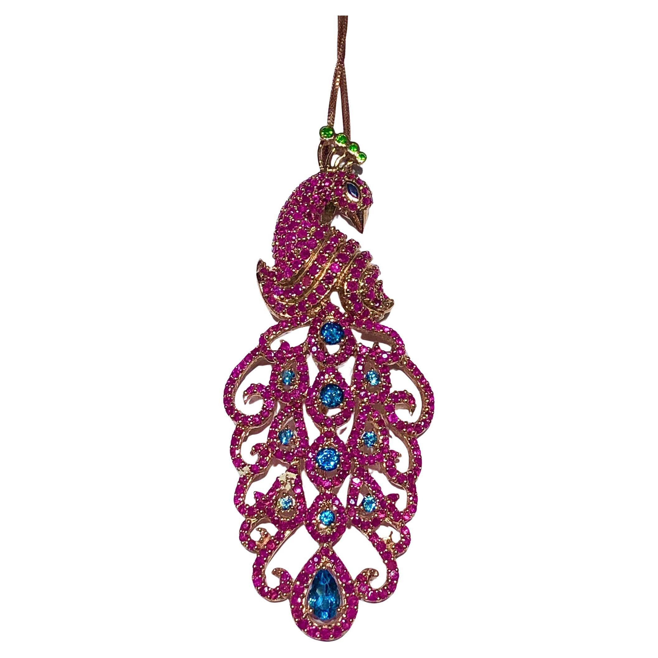 Bochic “Orient” Natural Ruby & Sapphire Peacock Brooch/Pendant 18K Gold&Silver