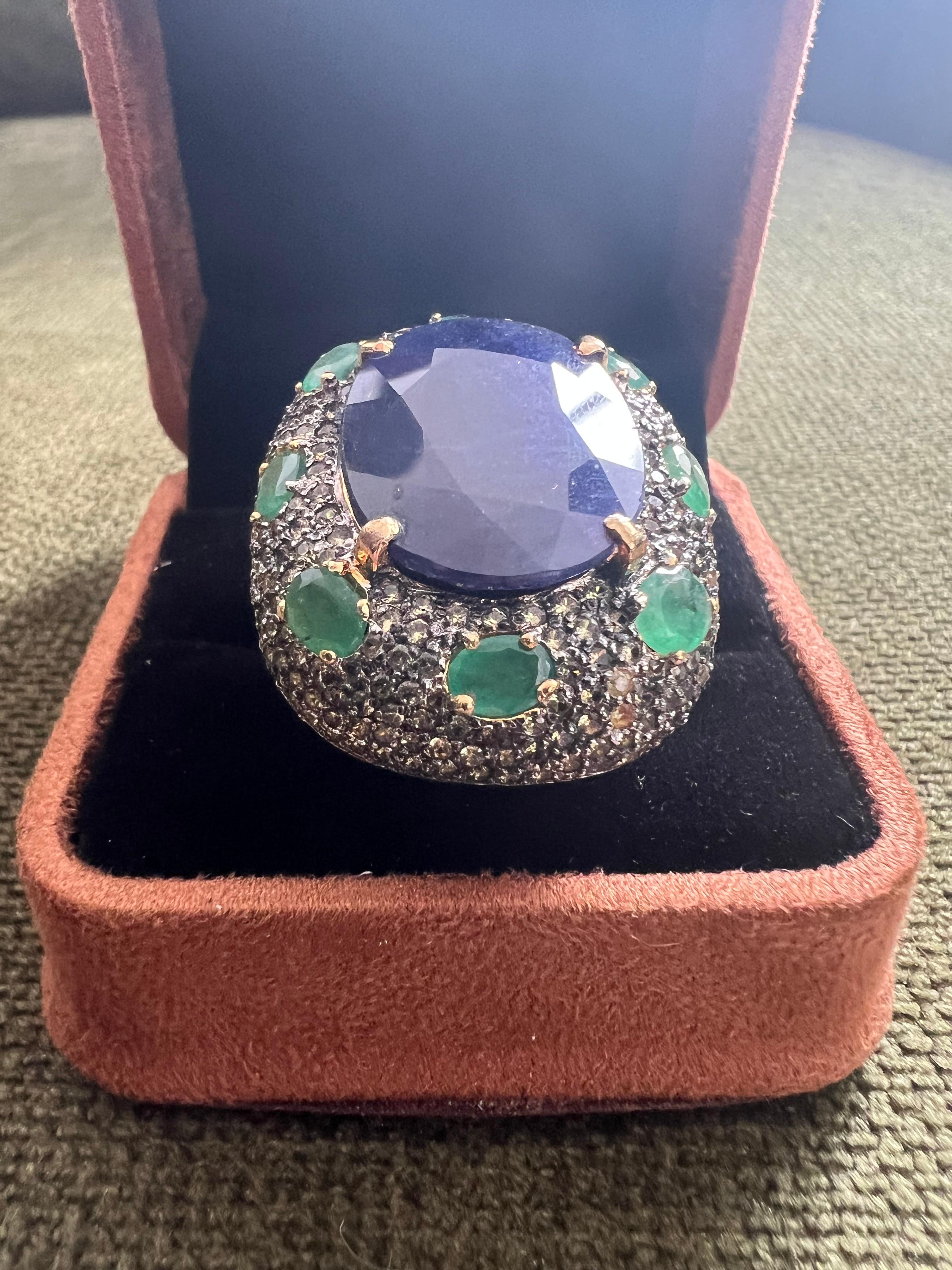 Bochic “Orient” Natural Sapphire & Emerald Ring Set In 18K Gold & Silver en vente 4