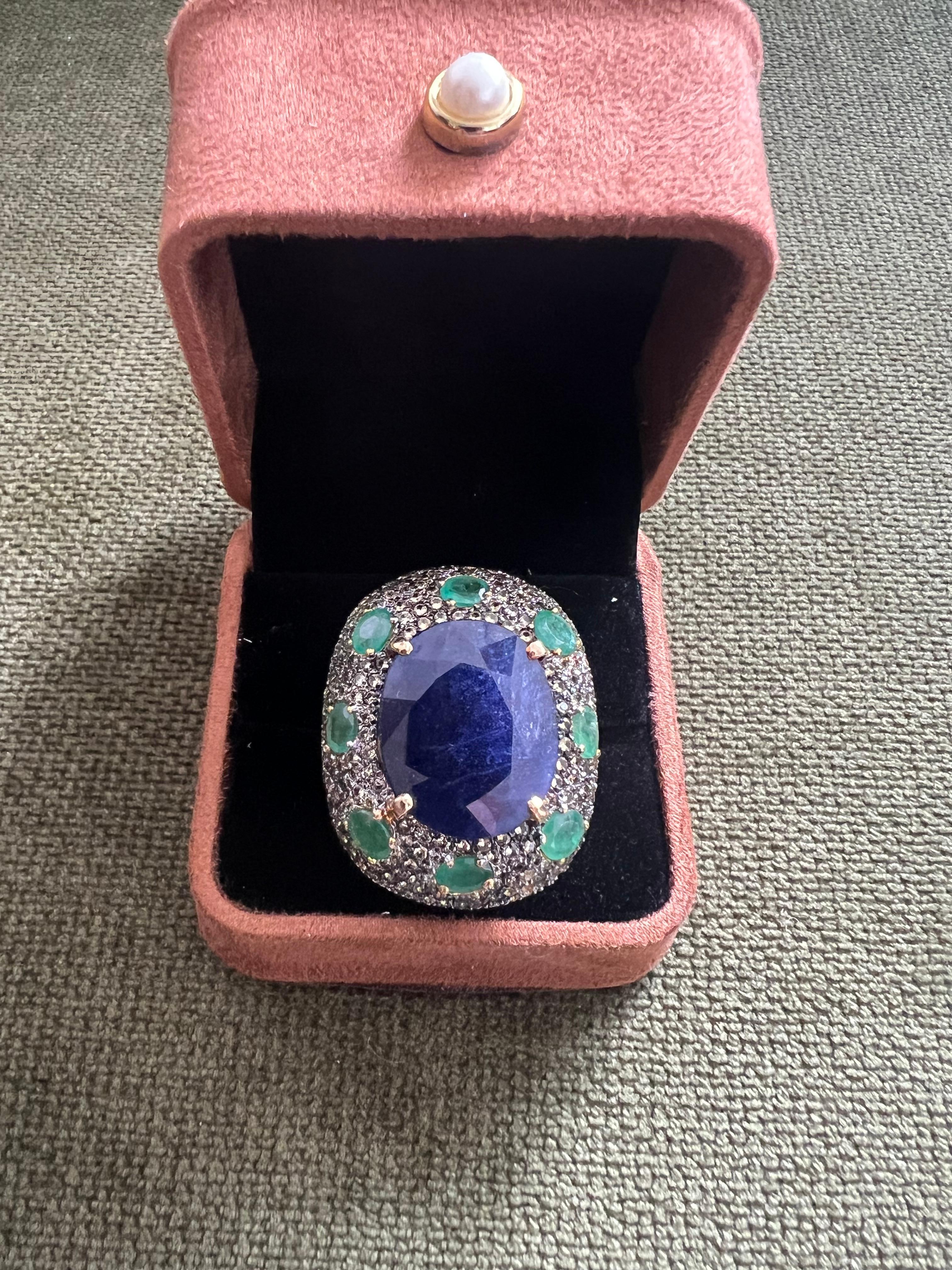 Art déco Bochic “Orient” Natural Sapphire & Emerald Ring Set In 18K Gold & Silver en vente