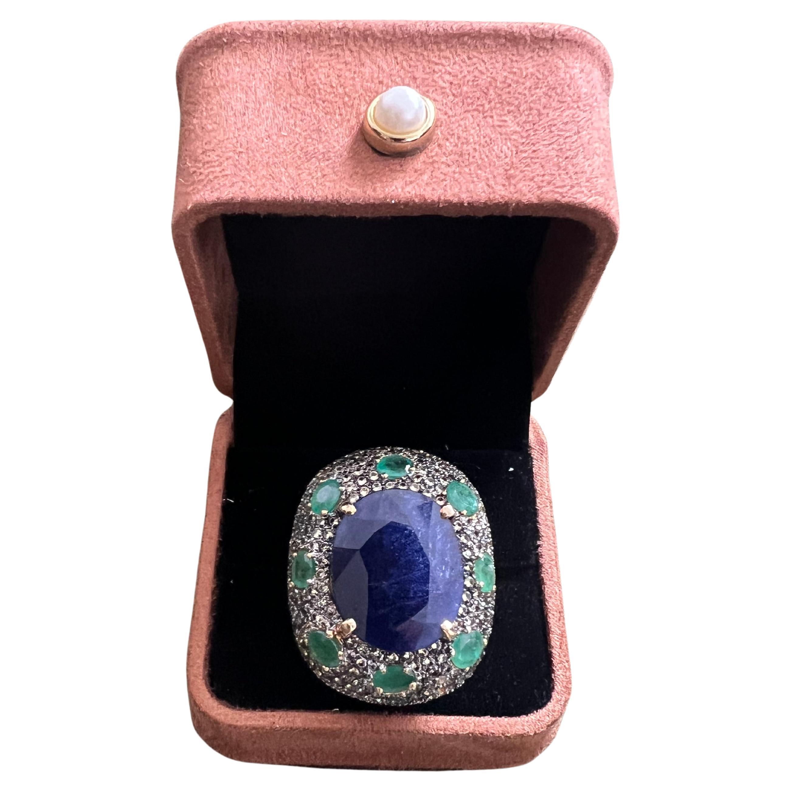 Bochic “Orient” Natural Sapphire & Emerald Ring Set In 18K Gold & Silver