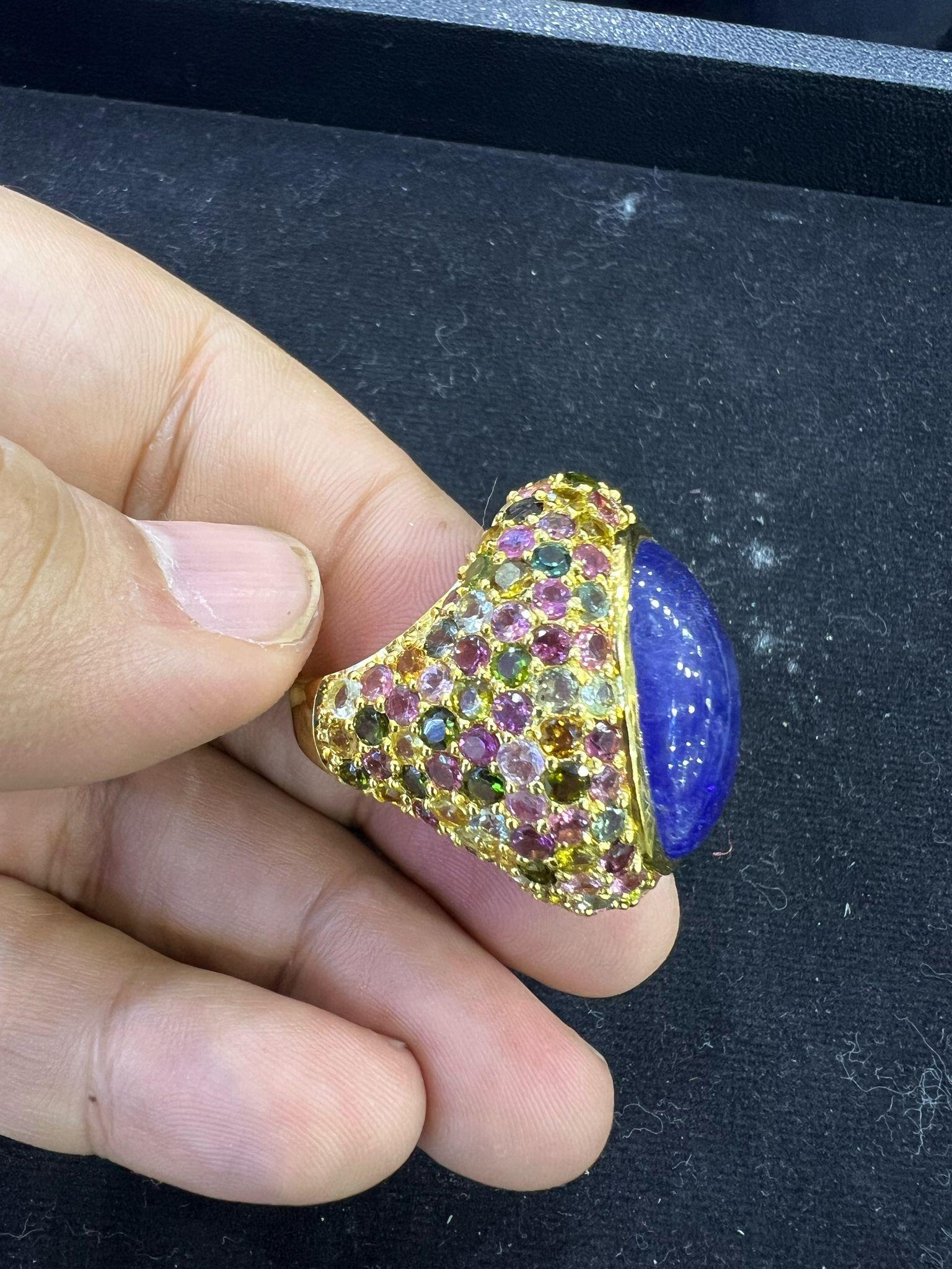 Art Deco Bochic “Orient” Natural Sapphire & Multi Gem Ring Set 18K Yellow Gold & Silver For Sale
