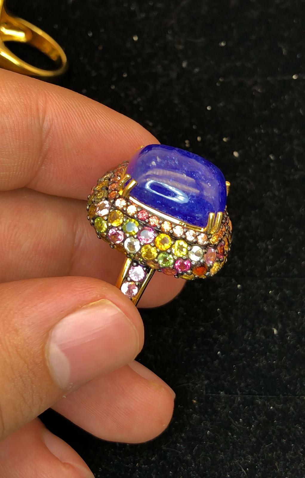 Art Deco Bochic “Orient” Natural Sapphire & Multi Gem Ring Set 18K Yellow Gold & Silver For Sale