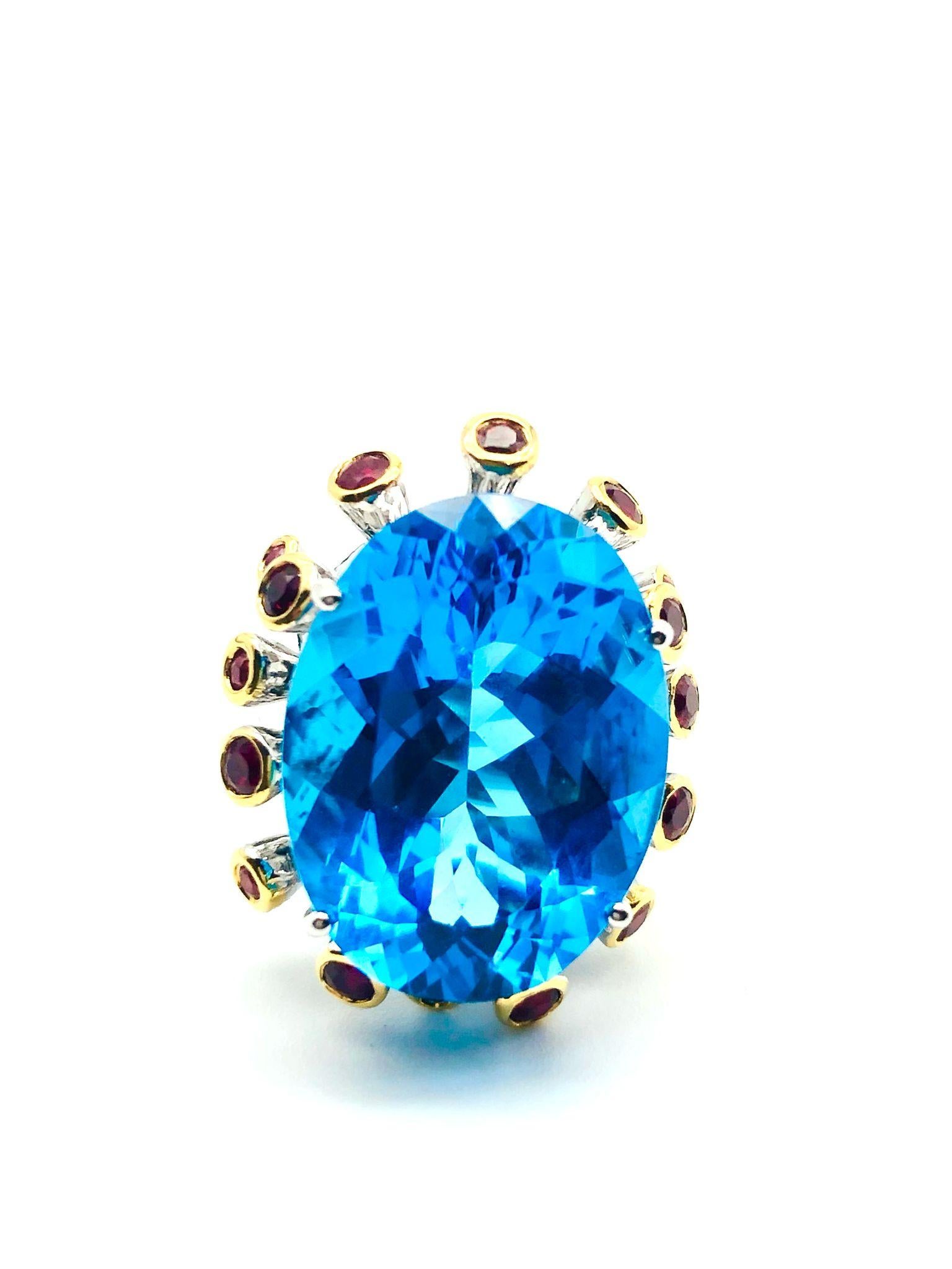 Bochic “Orient” Natural Swiss Blue Topaz & Rubies Set In 18K Gold & Silver For Sale 6