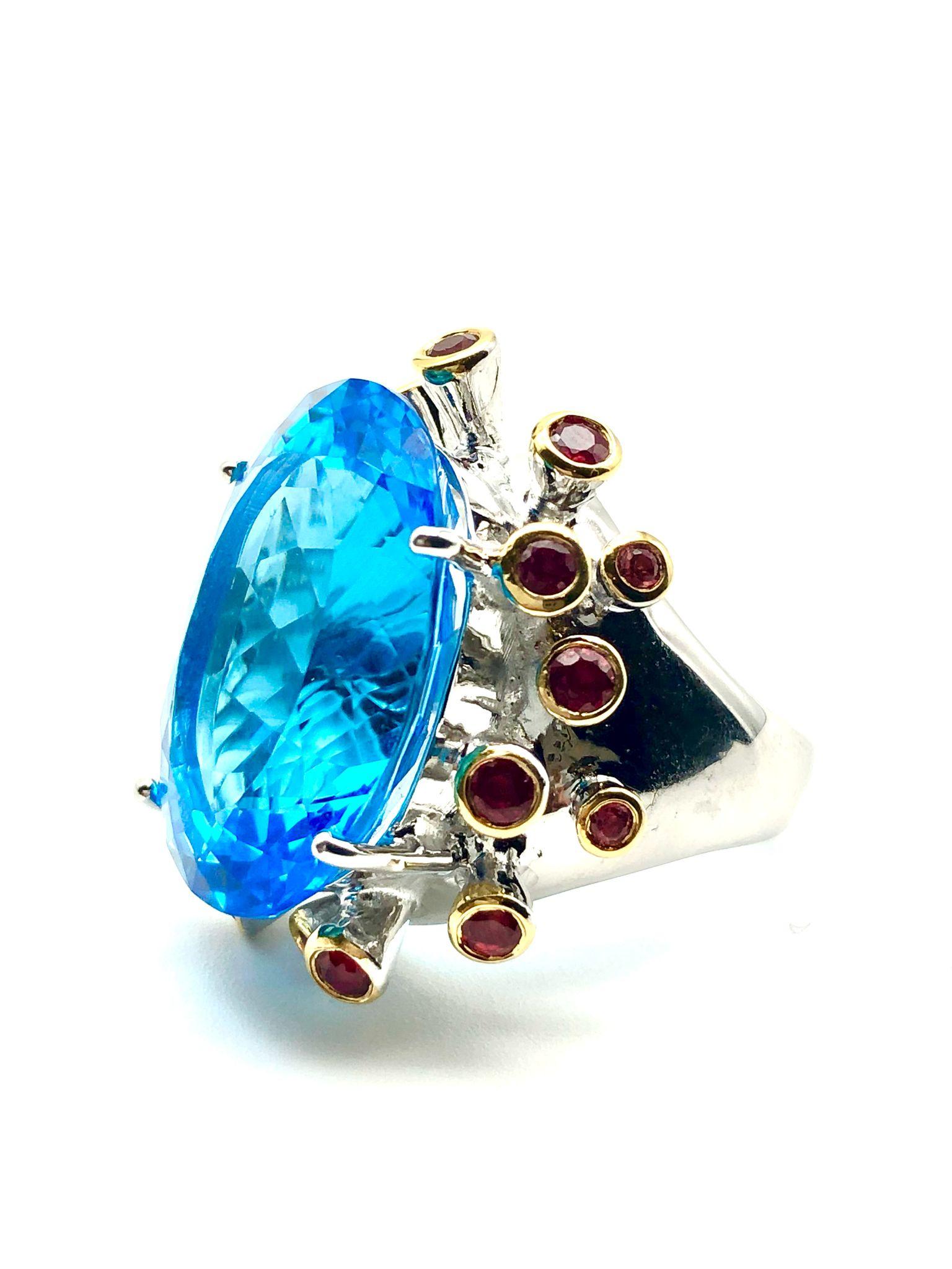 Bochic “Orient” Natural Swiss Blue Topaz & Rubies Set In 18K Gold & Silver For Sale 7