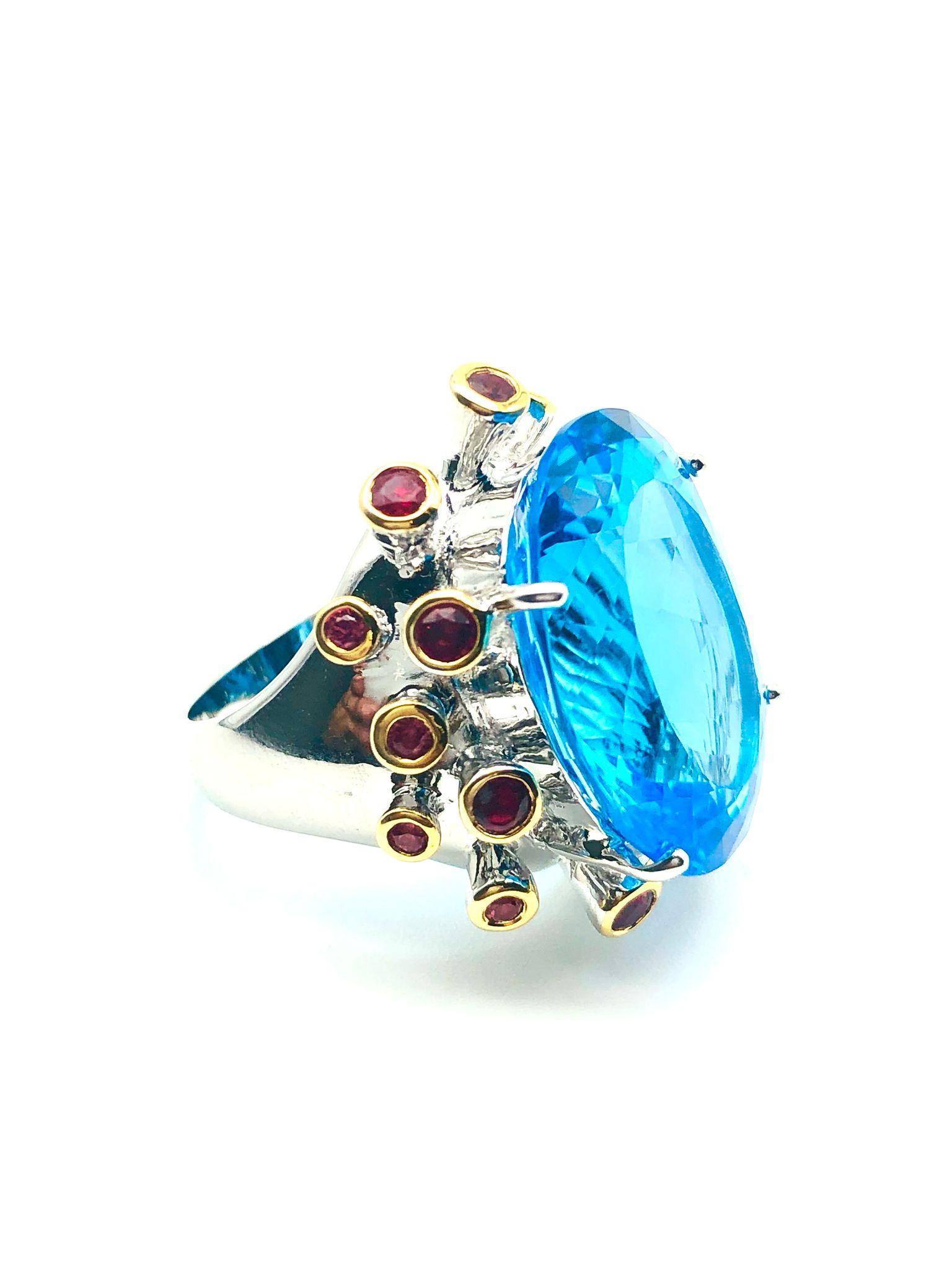 Bochic “Orient” Natural Swiss Blue Topaz & Rubies Set In 18K Gold & Silver For Sale 8