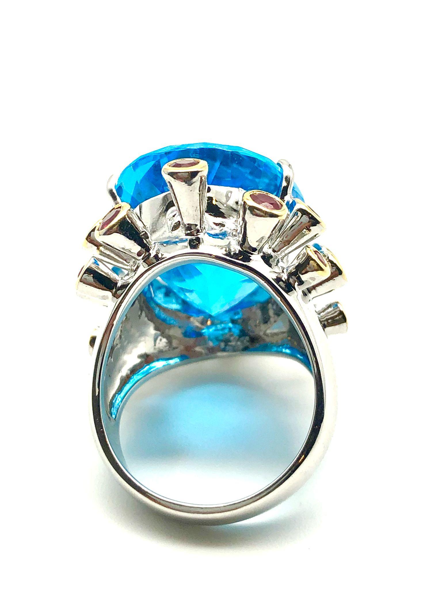 Bochic “Orient” Natural Swiss Blue Topaz & Rubies Set In 18K Gold & Silver For Sale 3