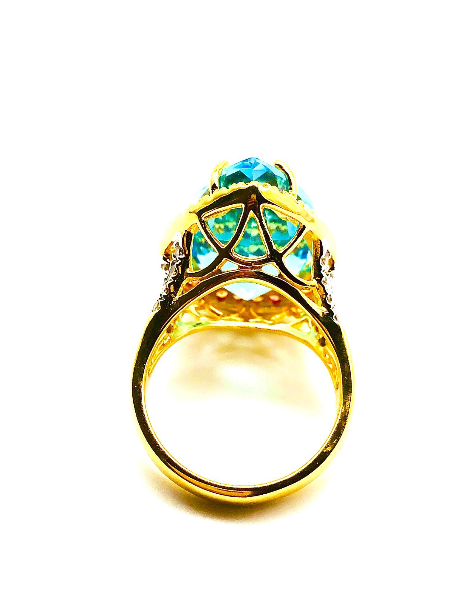 Art Deco Bochic “Orient” Natural Swiss Blue Topaz & Sapphire Set In 18K Gold & Silver