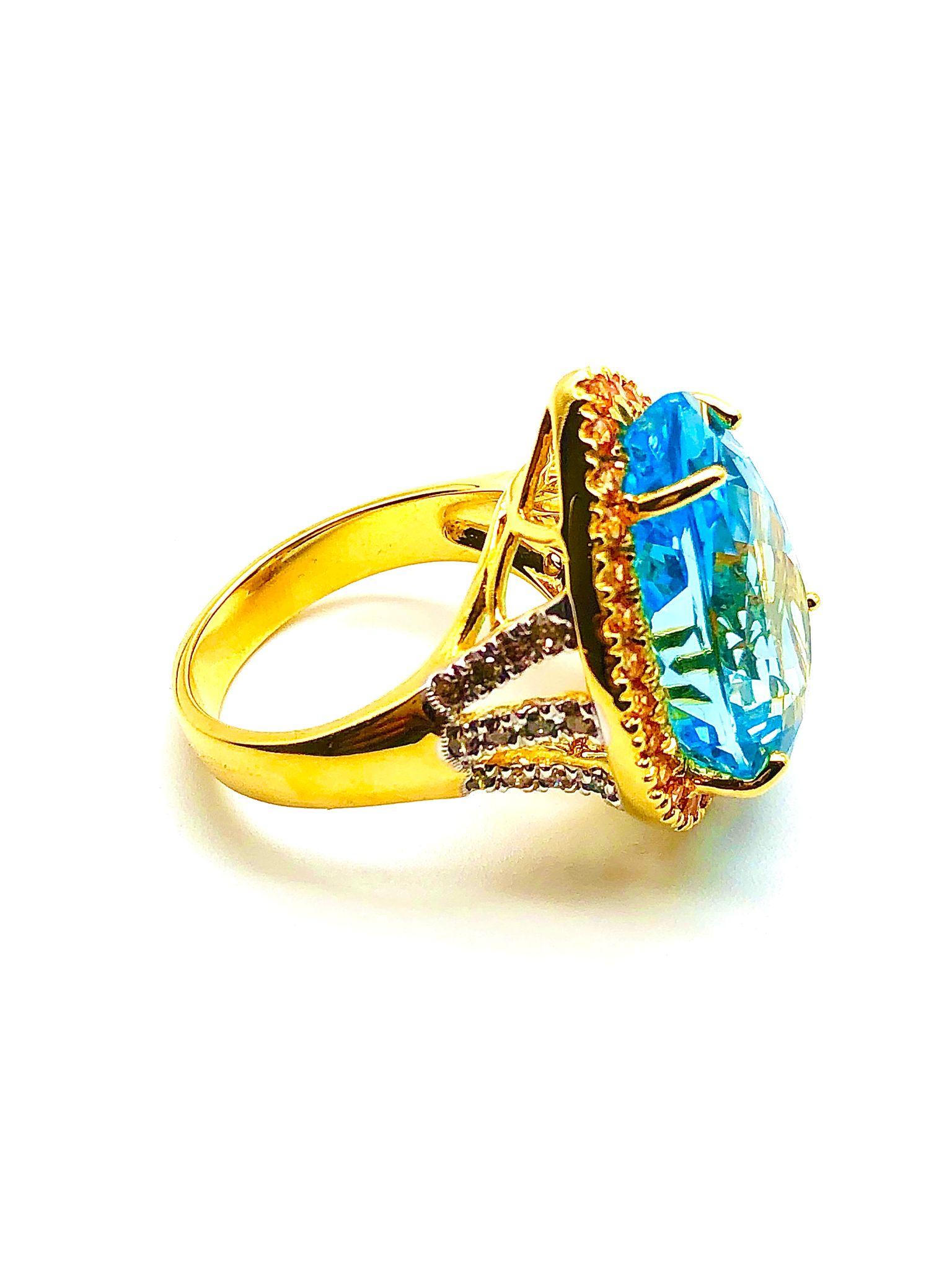 Pear Cut Bochic “Orient” Natural Swiss Blue Topaz & Sapphire Set In 18K Gold & Silver