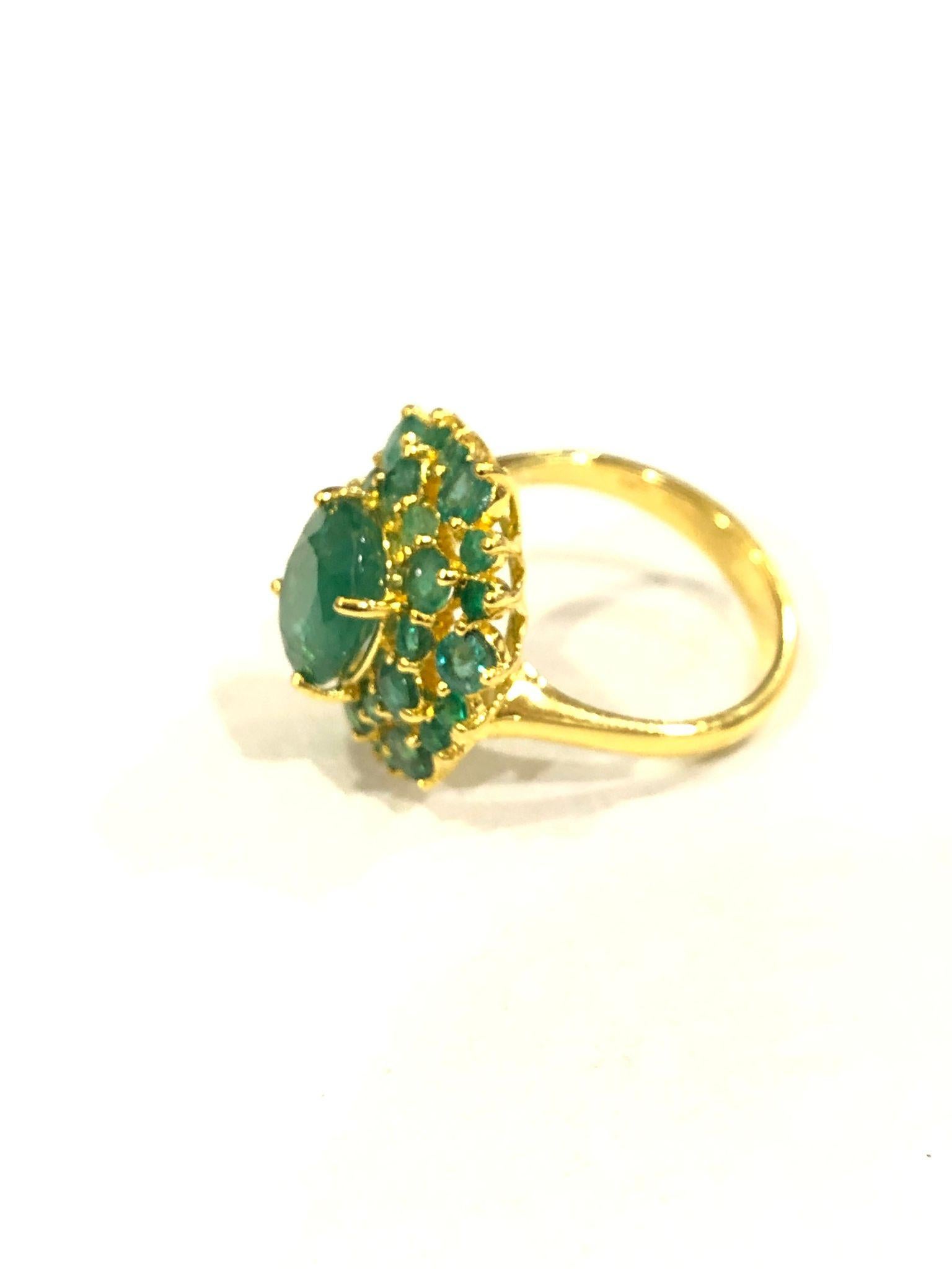 Brilliant Cut Bochic “Orient” Natural Zambian Emerald Ring Set In 18K Yellow Gold & Silver