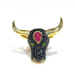 Bochic “Orient” Neoclassical Bull, Ruby & Sapphire Ring Set 18K Gold & Silver