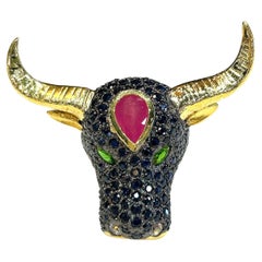 Bochic “Orient” Neoclassical Bull, Ruby & Sapphire Ring Set 18K Gold & Silver