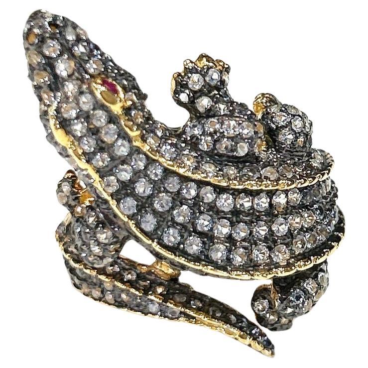 Bochic “Orient” Neoclassical Crocodile White Topaz Ring Set 18K Gold & Silver