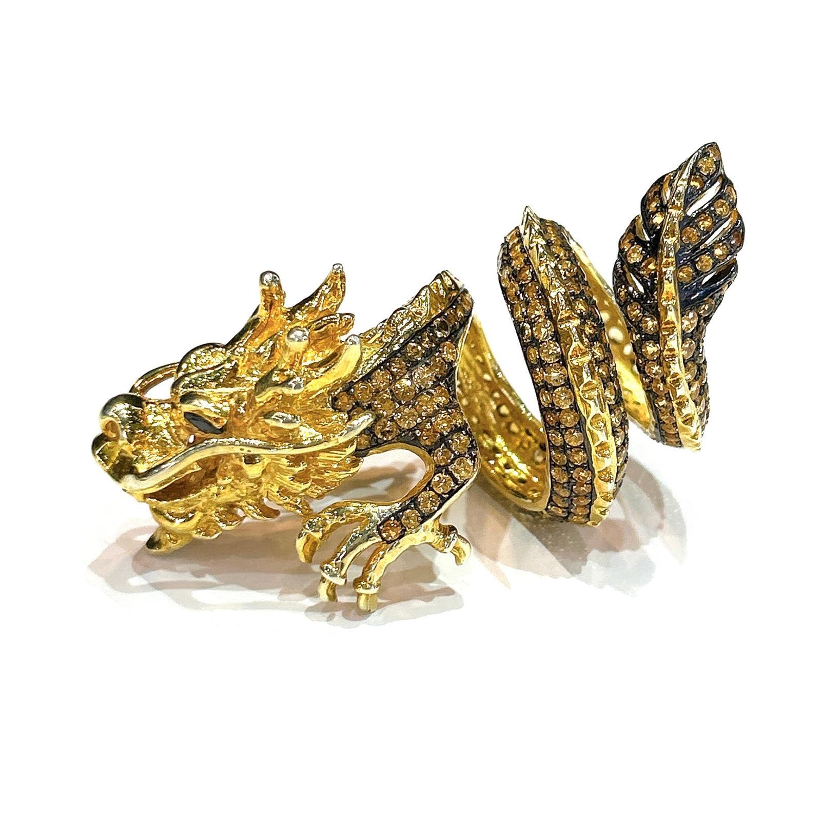 Bochic “Orient” Neoclassical Dragon Yellow Sapphire Ring Set 18K Gold & Silver For Sale 1