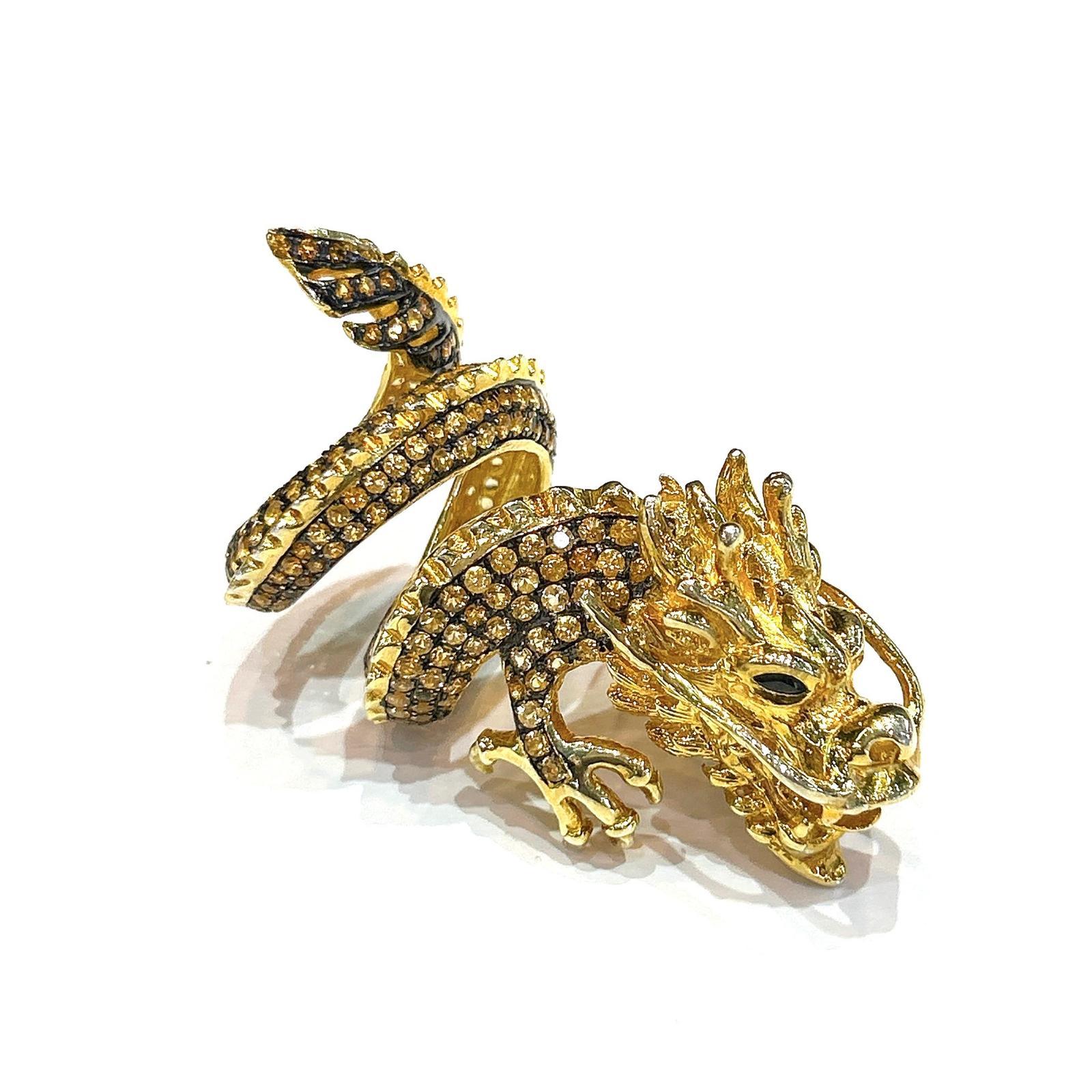 Bochic “Orient” Neoclassical Dragon Yellow Sapphire Ring Set 18K Gold & Silver For Sale 2