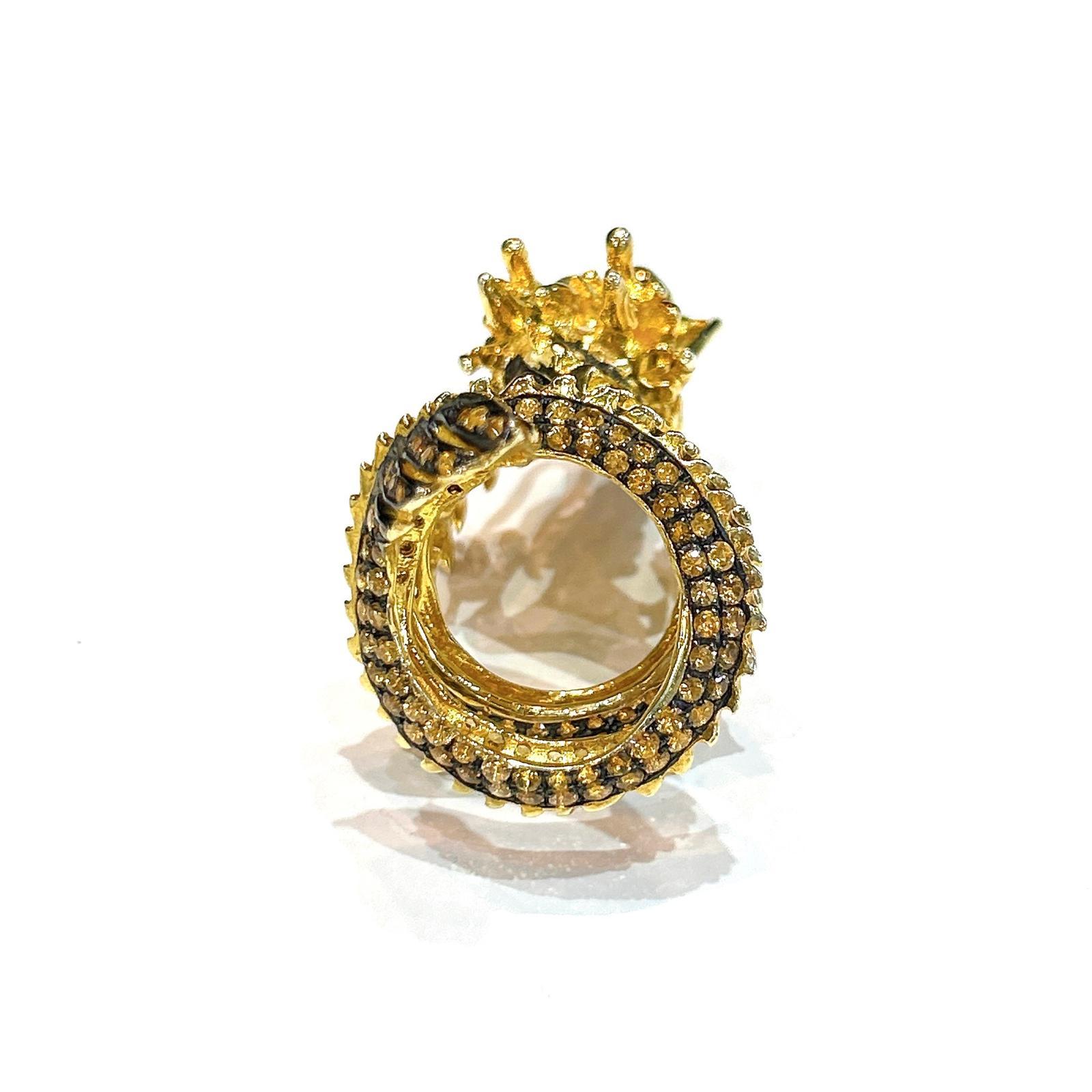Bochic “Orient” Neoclassical Dragon Yellow Sapphire Ring Set 18K Gold & Silver For Sale 4