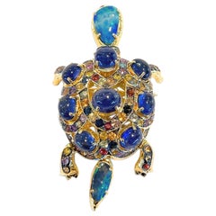 Bochic “Orient” Opal & Blue Sapphire Turtle Brooch Set In 18K Gold & Silver