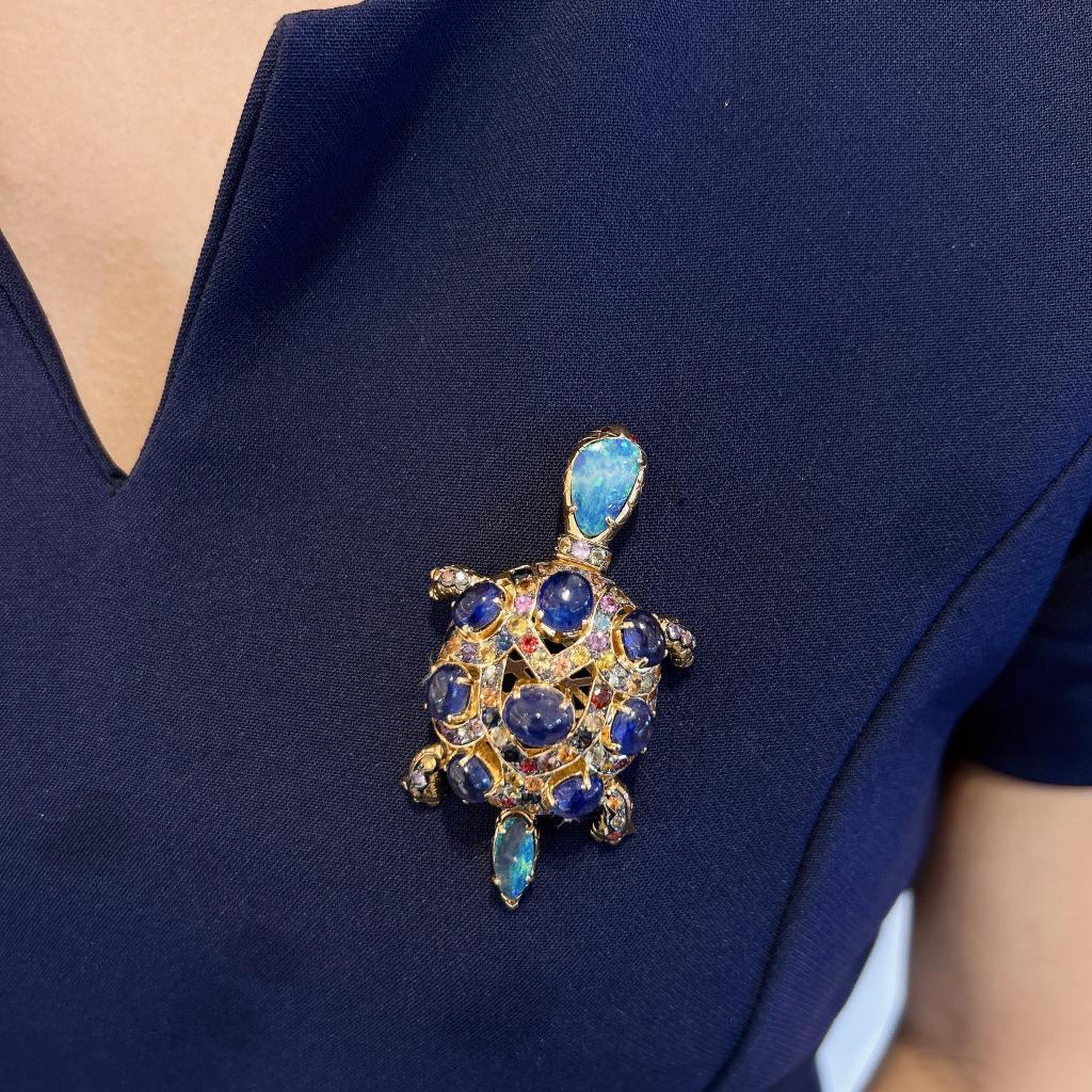 Baroque Bochic “Orient” Opal & Blue Sapphire Turtle Brooch Set In 18K Gold & Silver 