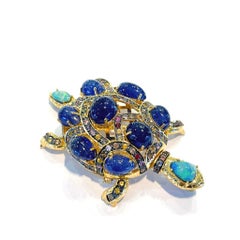 Bochic “Orient” Vintage Opal & Blue Sapphire Turtle Brooch 18K Gold & Silver