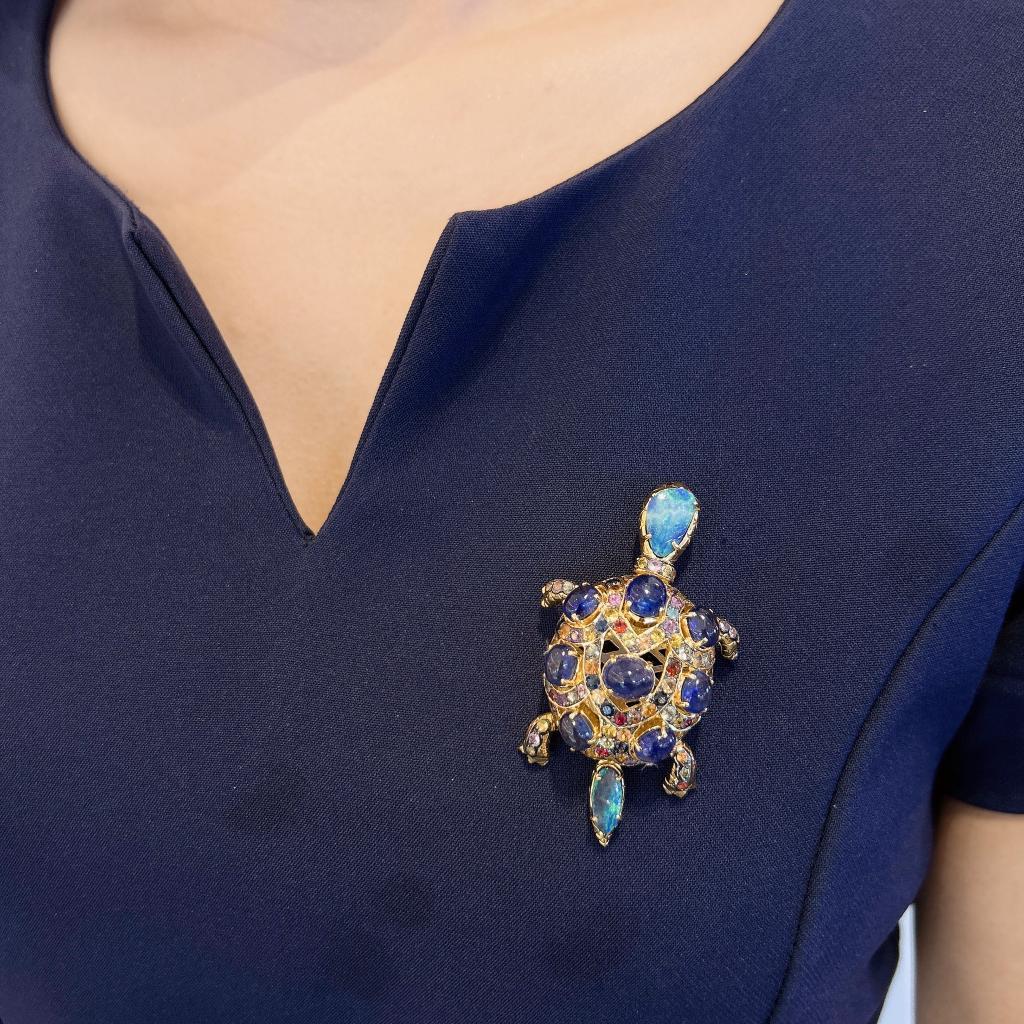 Cabochon Bochic “Orient” Opal & Blue Sapphire Turtle Brooch Set In 18K Gold & Silver 