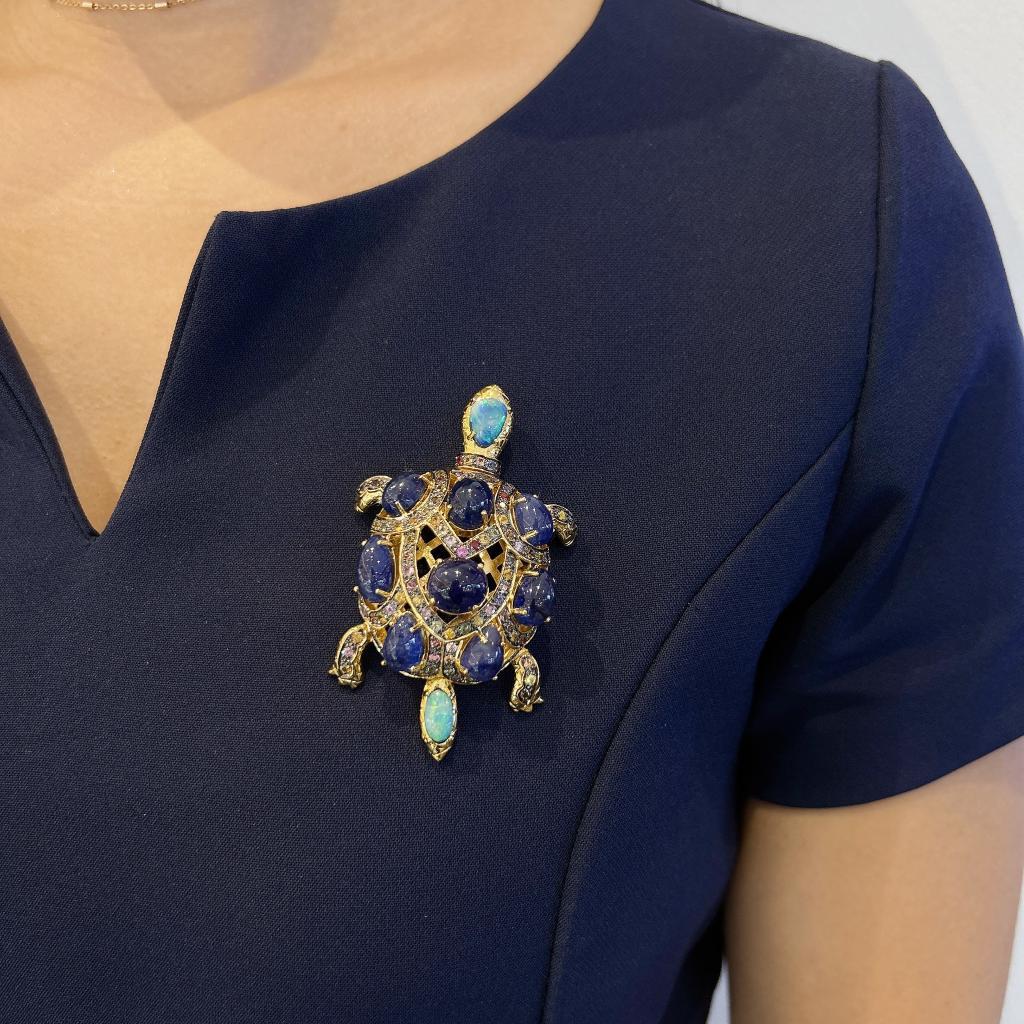 Baroque Bochic “Orient” Opal & Blue Sapphire Turtle Brooch Set In 18K Gold & Silver  For Sale