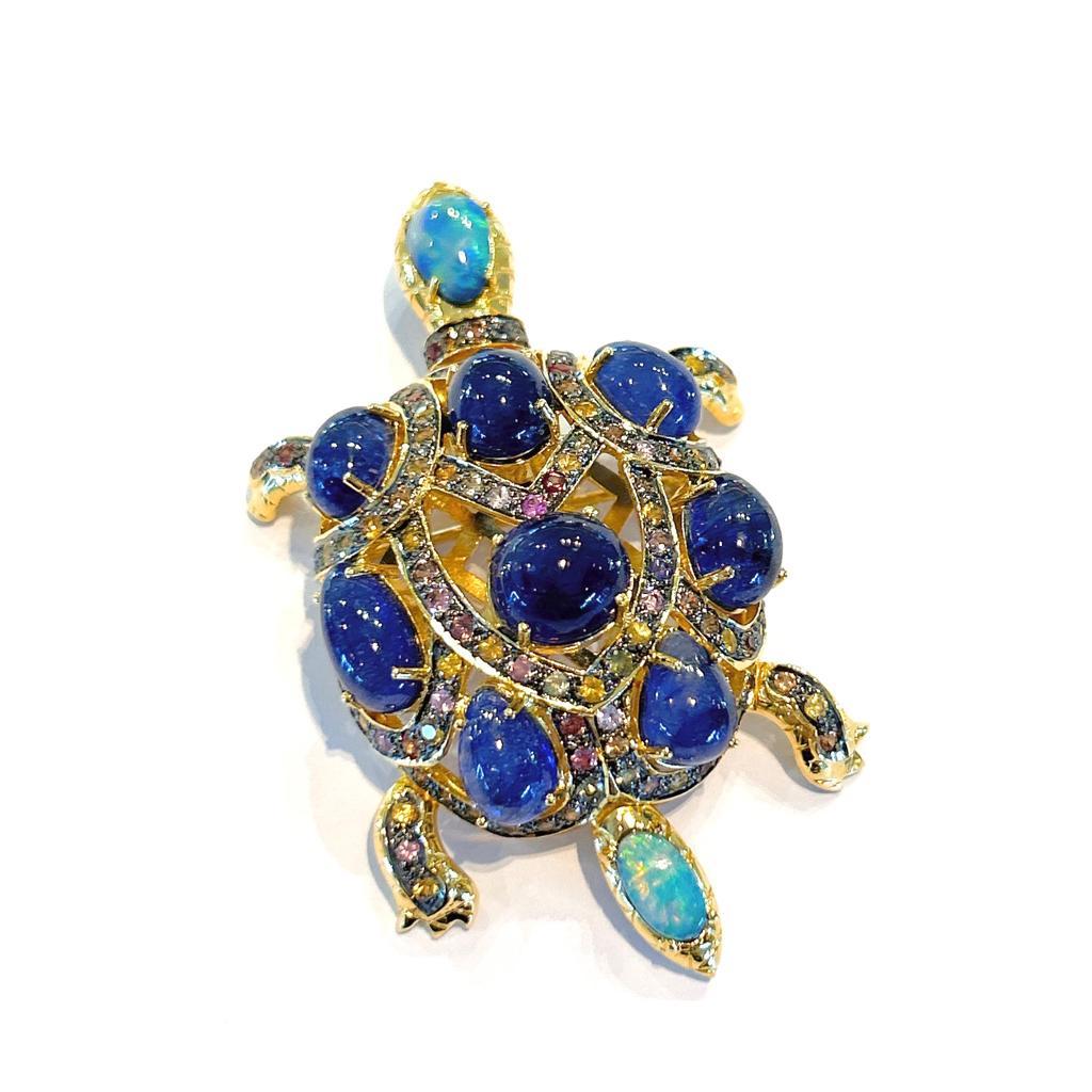 Cabochon Bochic “Orient” Opal & Blue Sapphire Turtle Brooch Set In 18K Gold & Silver  For Sale