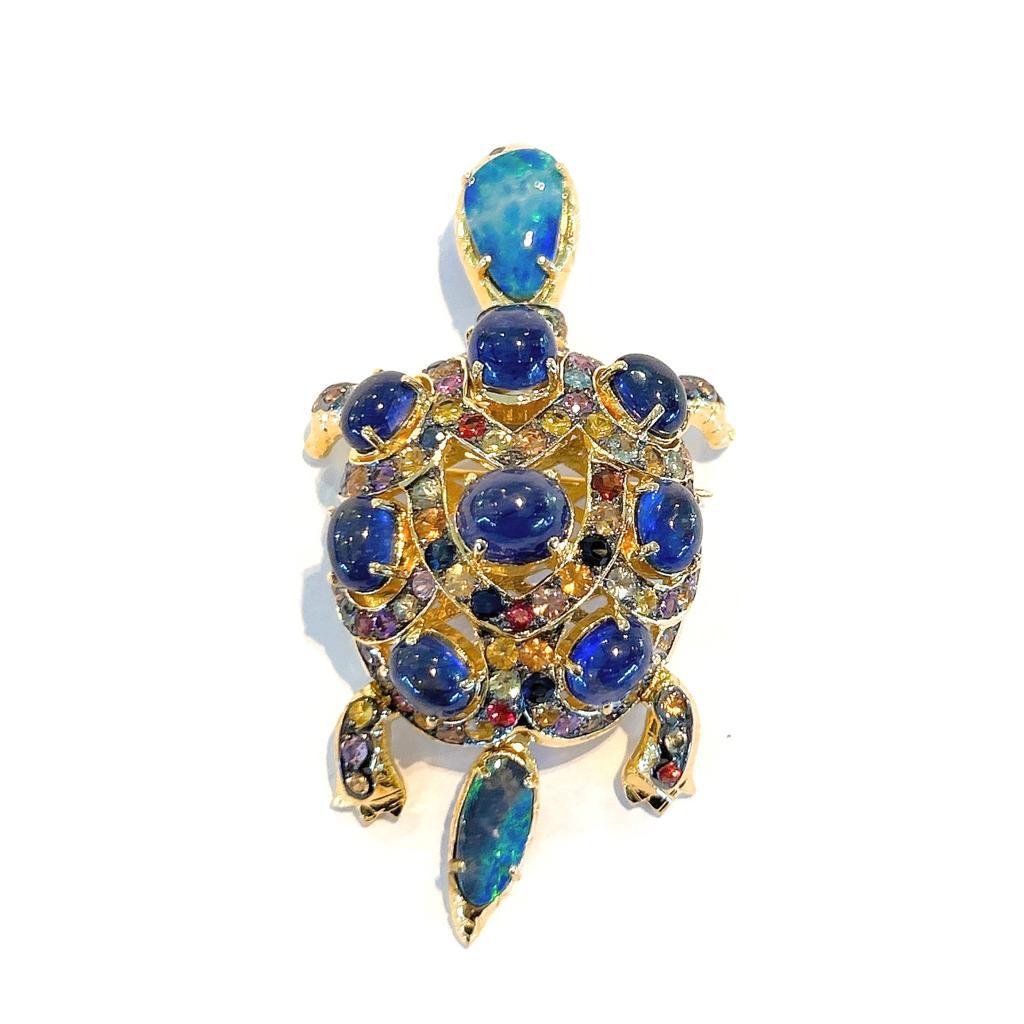 Bochic “Orient” Opal & Blue Sapphire Turtle Brooch Set In 18K Gold & Silver  In New Condition In New York, NY