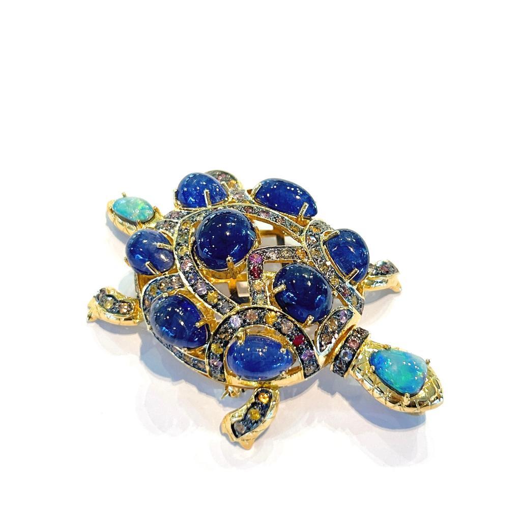 Bochic “Orient” Opal & Blue Sapphire Turtle Brooch Set In 18K Gold & Silver  In New Condition For Sale In New York, NY