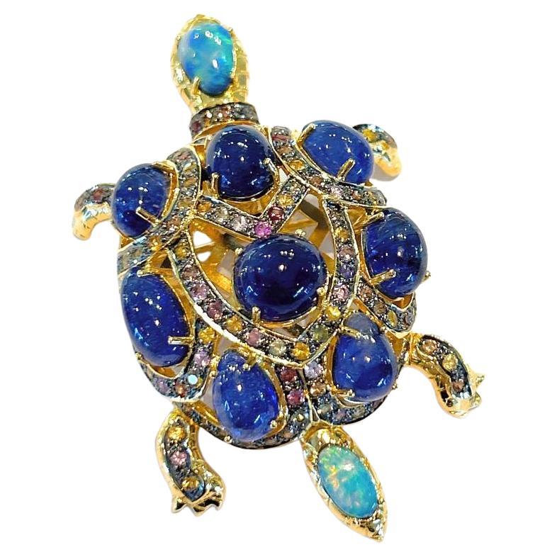 Bochic “Orient” Opal & Blue Sapphire Turtle Brooch Set In 18K Gold & Silver  For Sale