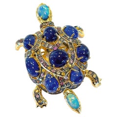 Vintage Bochic “Orient” Opal & Blue Sapphire Turtle Brooch Set In 18K Gold & Silver 