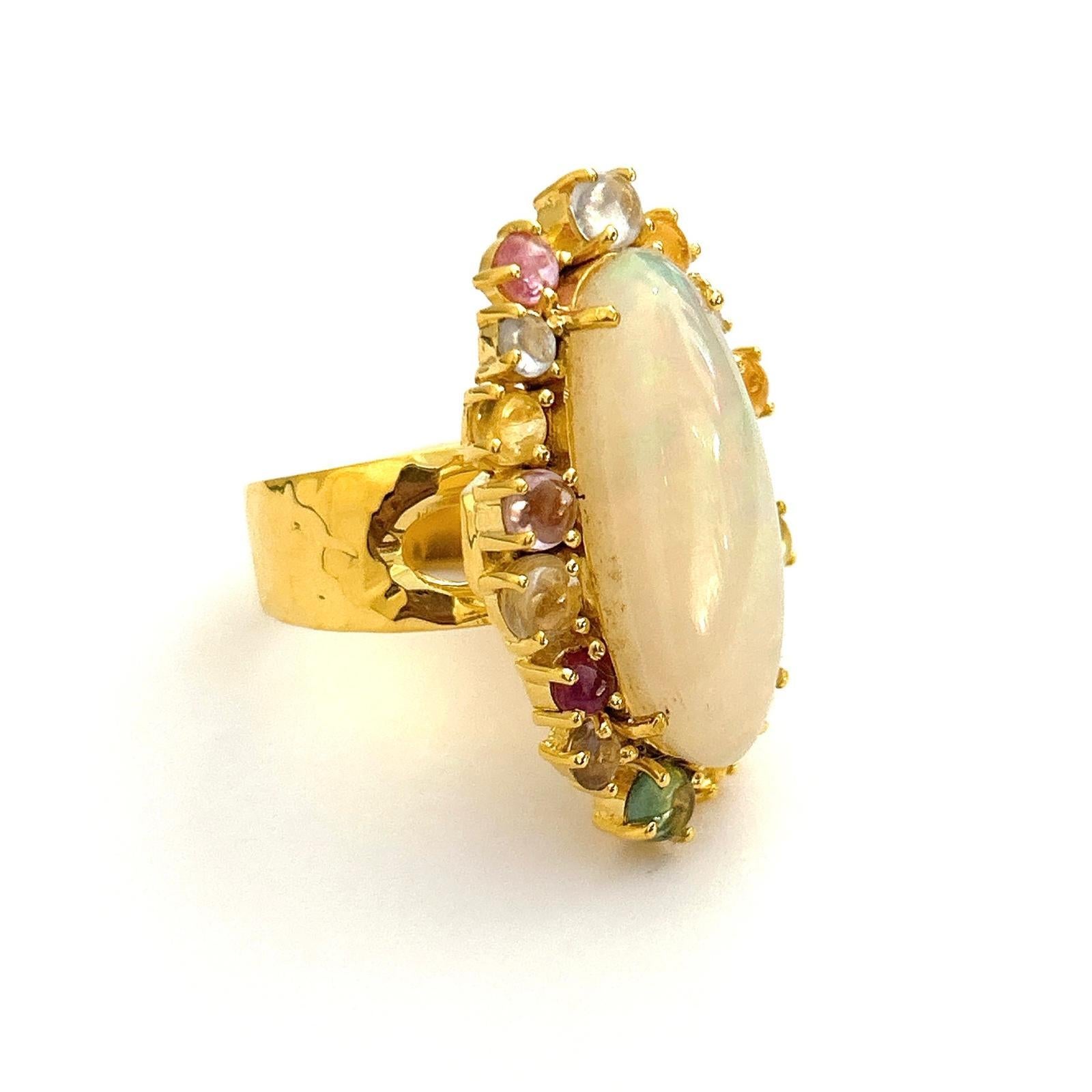 Art Deco Bochic “Orient” Opal & Multi Color Rose Cut Sapphire Ring Set 18K Gold & Silver For Sale