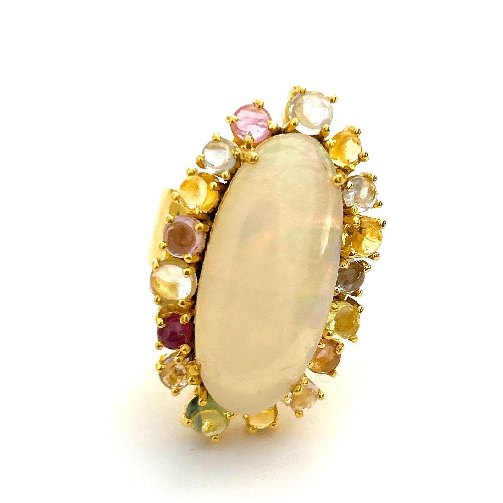 Women's Bochic “Orient” Opal & Multi Color Rose Cut Sapphire Ring Set 18K Gold & Silver For Sale