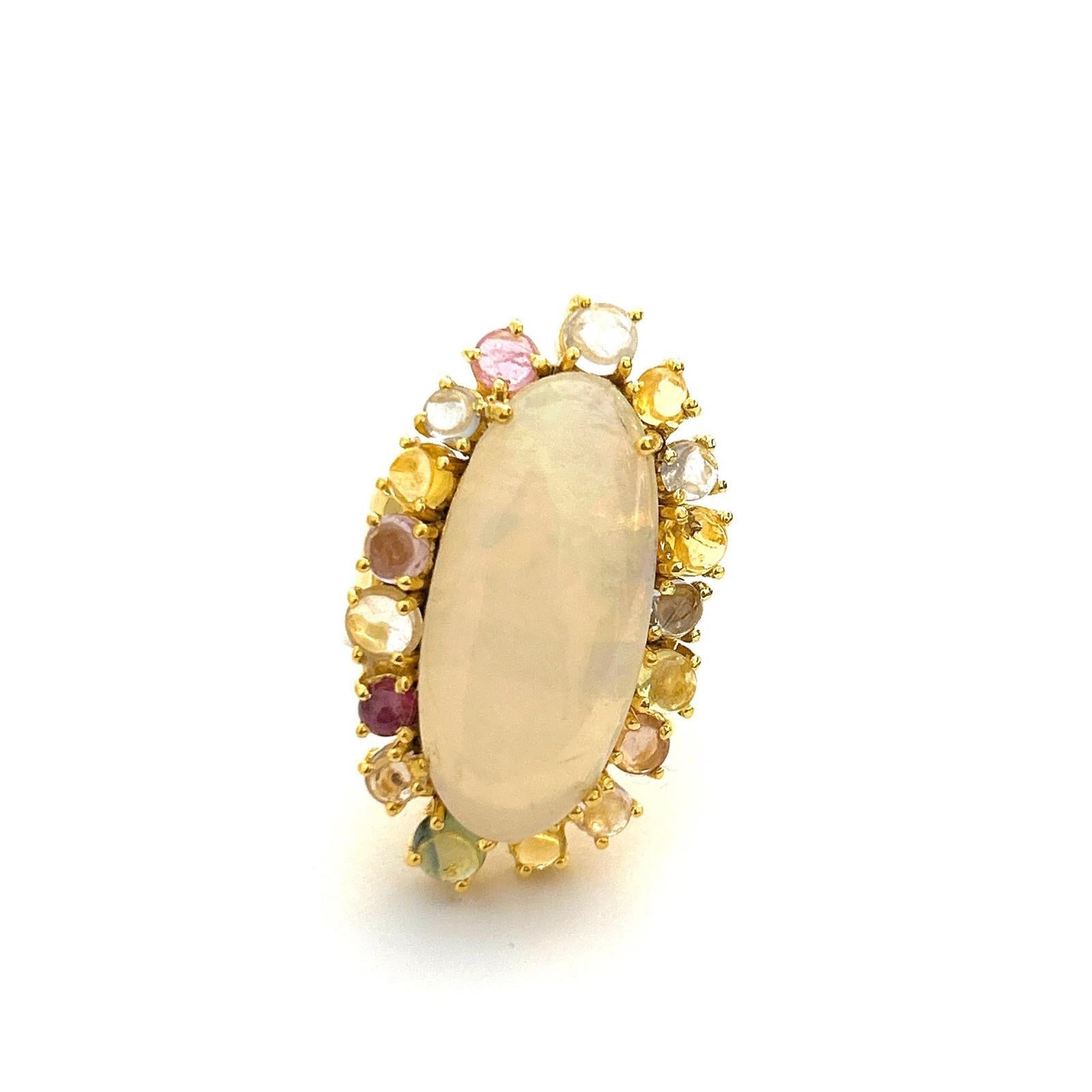 Bochic “Orient” Opal & Multi Color Rose Cut Sapphire Ring Set 18K Gold & Silver For Sale 2