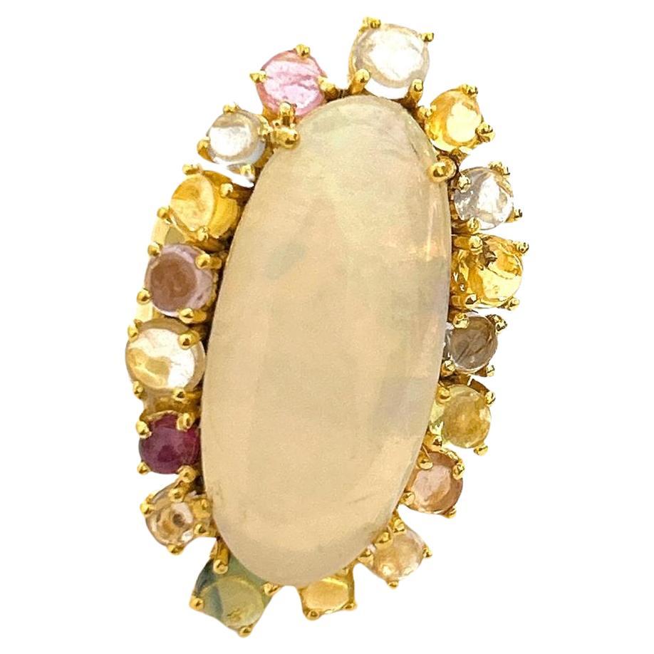 Bochic “Orient” Opal & Multi Color Rose Cut Sapphire Ring Set 18K Gold & Silver For Sale