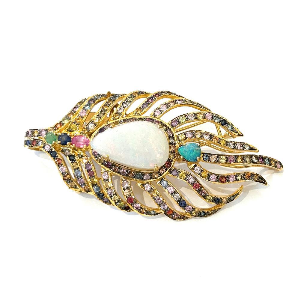 Baroque Bochic “Orient” Opal & Multi Color Sapphire Brooch Set In 18K Gold & Silver  For Sale
