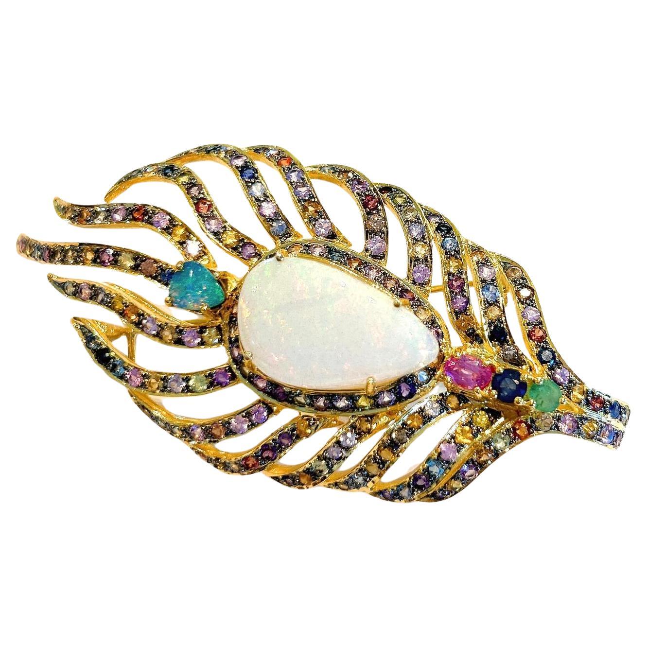 Bochic “Orient” Opal & Multi Color Sapphire Brooch Set In 18K Gold & Silver 