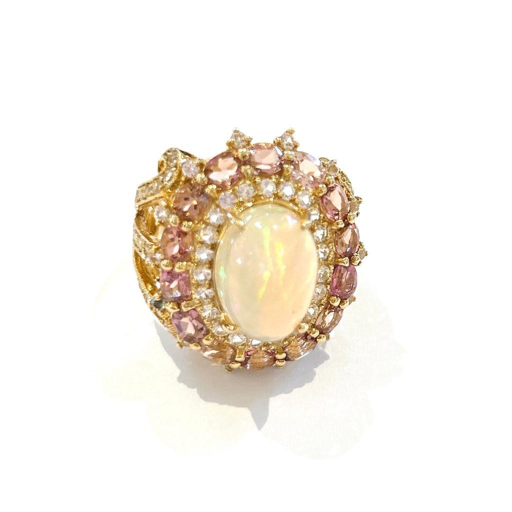 Oval Cut Bochic “Orient” Opal & Multi Color Sapphire Cocktail Ring, 18K Gold & Silver