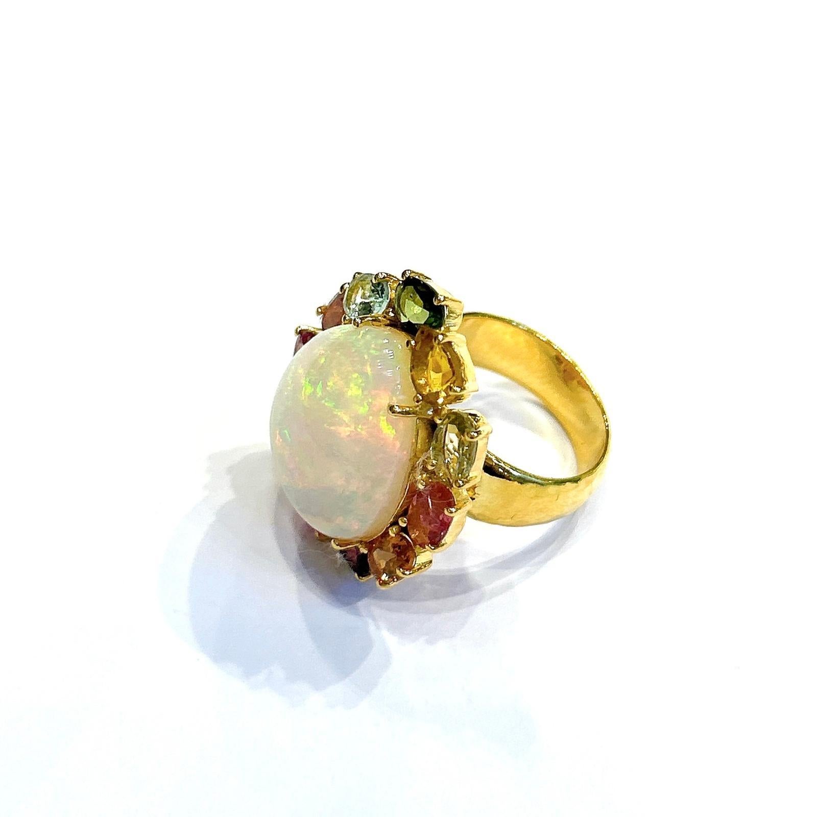 Bochic “Orient” Opal & Multi Color Sapphire Ring Set 18K In Yellow Gold & Silver For Sale 4