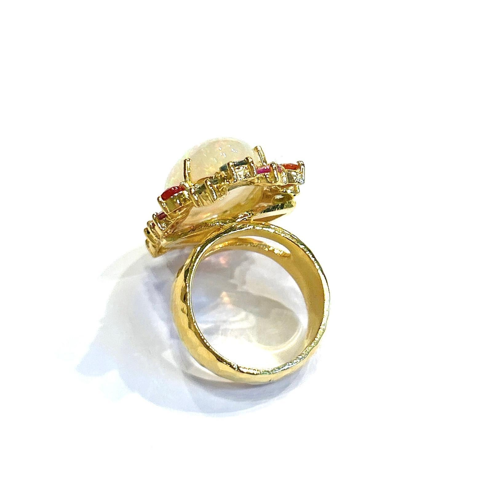 Bochic “Orient” Opal & Multi Color Sapphire Ring Set 18K In Yellow Gold & Silver For Sale 5