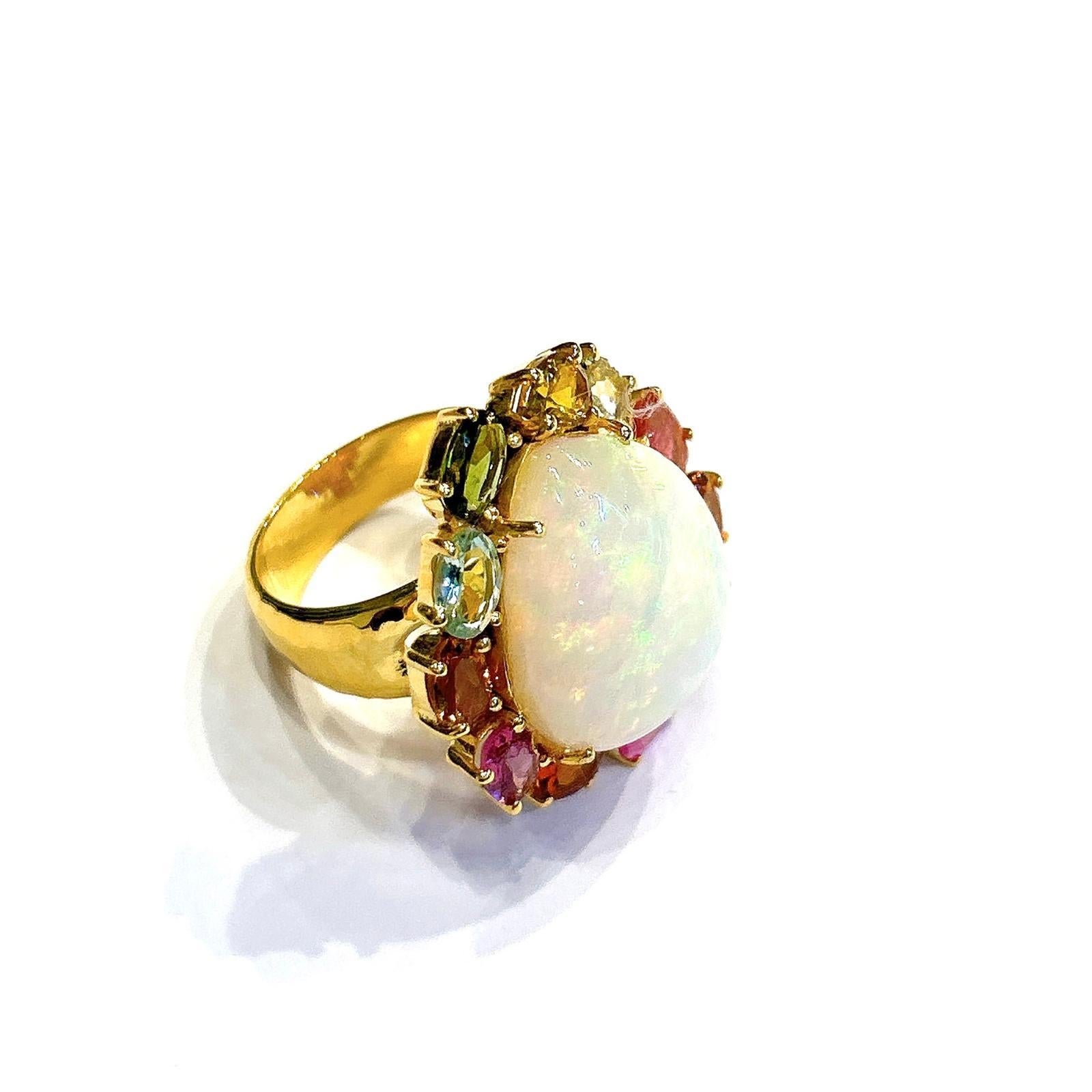 Bochic “Orient” Opal & Multi Color Sapphire Ring Set 18K In Yellow Gold & Silver For Sale 1