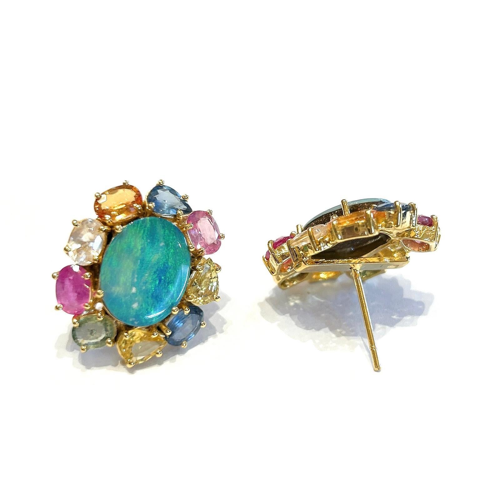 Bochic “Orient” Opal & Multi Fancy Sapphire Earrings Set 18K Gold&Silver 

Natural Multi Fancy Sapphires - 11 carat
From Sri Lanka 
Colors - blue, pink, green, yellow, Orange, lilac 
Silver color Tahiti pearls with pink tone 

Opals - 8 carat

The