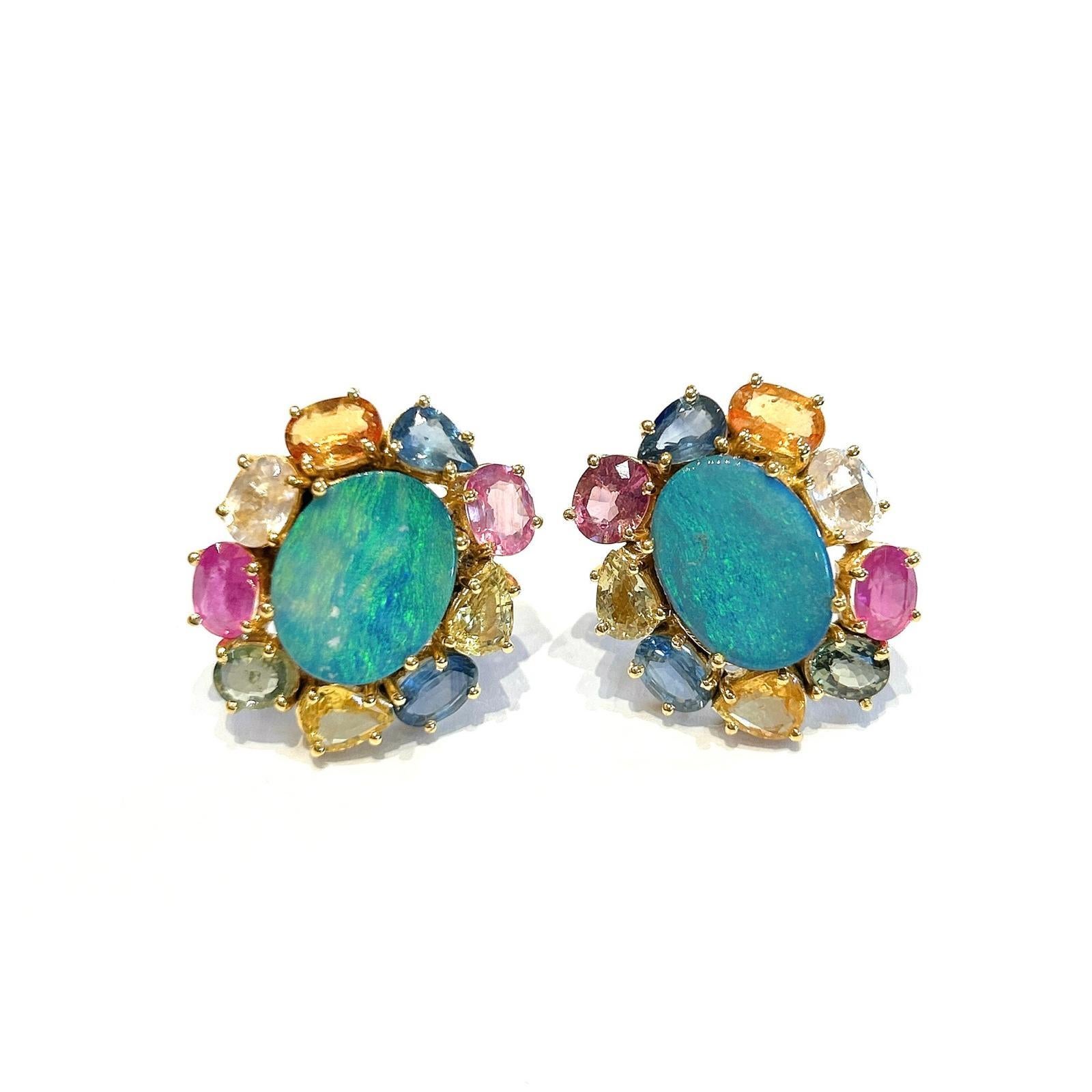 Baroque Bochic “Orient” Opal & Multi Fancy Sapphire Earrings Set 18K Gold&Silver For Sale