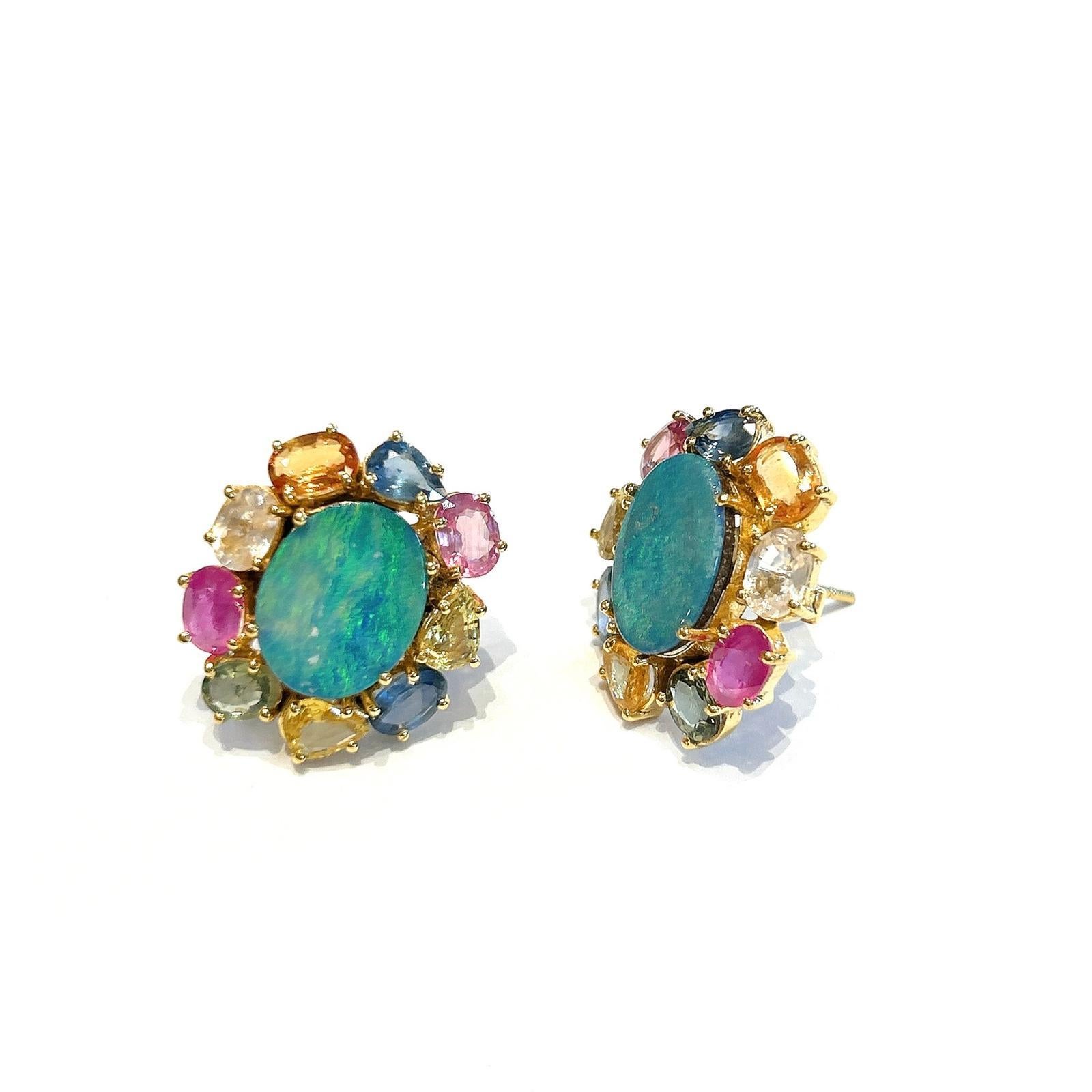 Brilliant Cut Bochic “Orient” Opal & Multi Fancy Sapphire Earrings Set 18K Gold&Silver For Sale