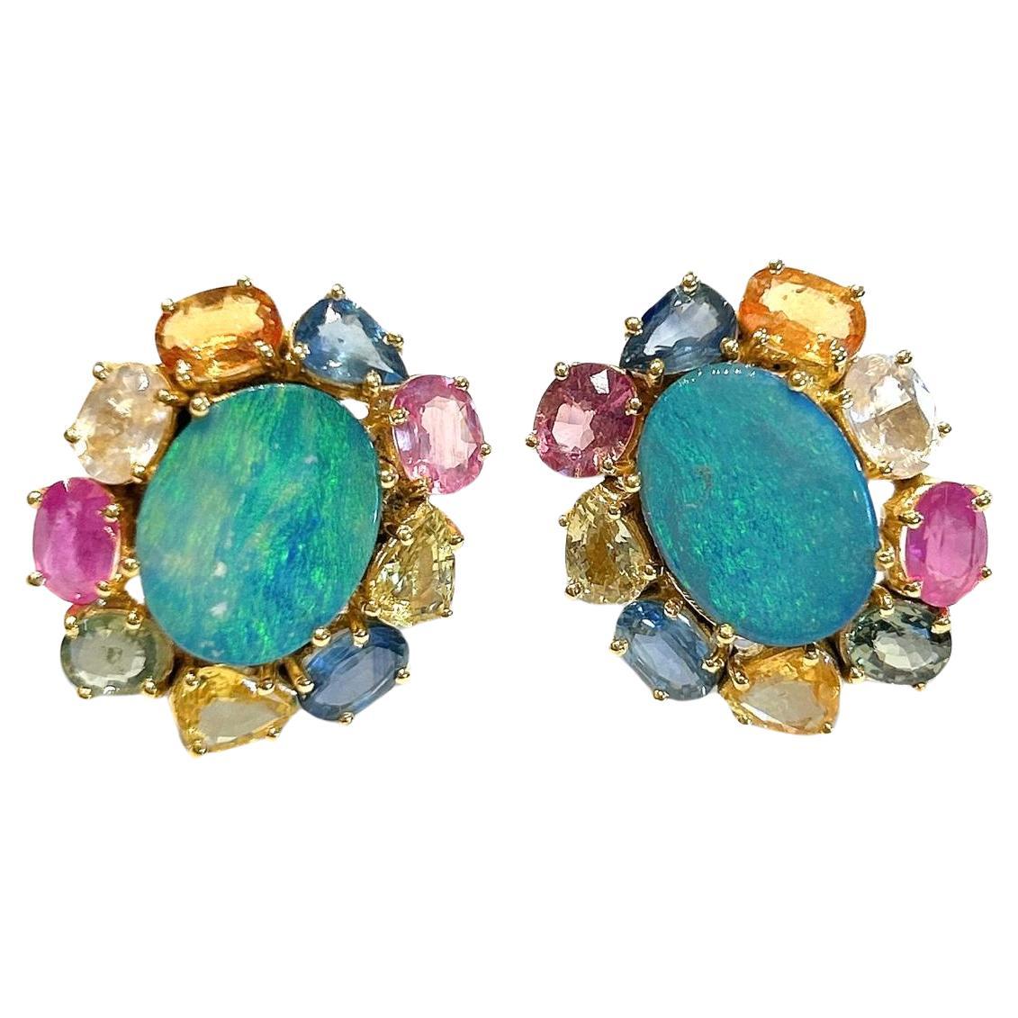 Bochic “Orient” Opal & Multi Fancy Sapphire Earrings Set 18K Gold&Silver 