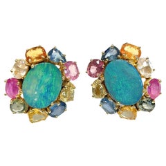Bochic “Orient” Opal & Multi Fancy Sapphire Earrings Set 18K Gold&Silver 