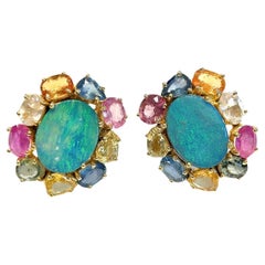 Bochic “Orient” Opal & Multi Fancy Sapphire Earrings Set 18K Gold&Silver