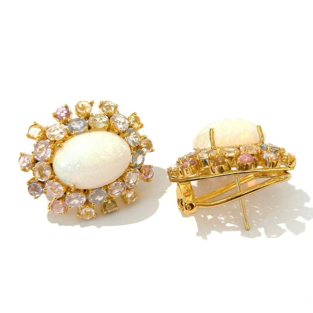 Brilliant Cut Bochic “Orient” Opal & Multi Sapphire Earrings Set In 18K Gold & Silver  For Sale