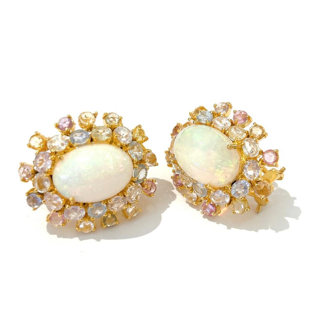 Bochic “Orient” Opal & Multi Sapphire Earrings Set In 18K Gold & Silver  In New Condition For Sale In New York, NY